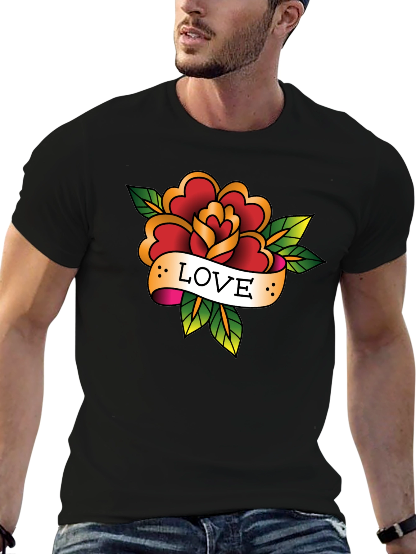 Love Rose Tattoo Style Black Graphic Tee