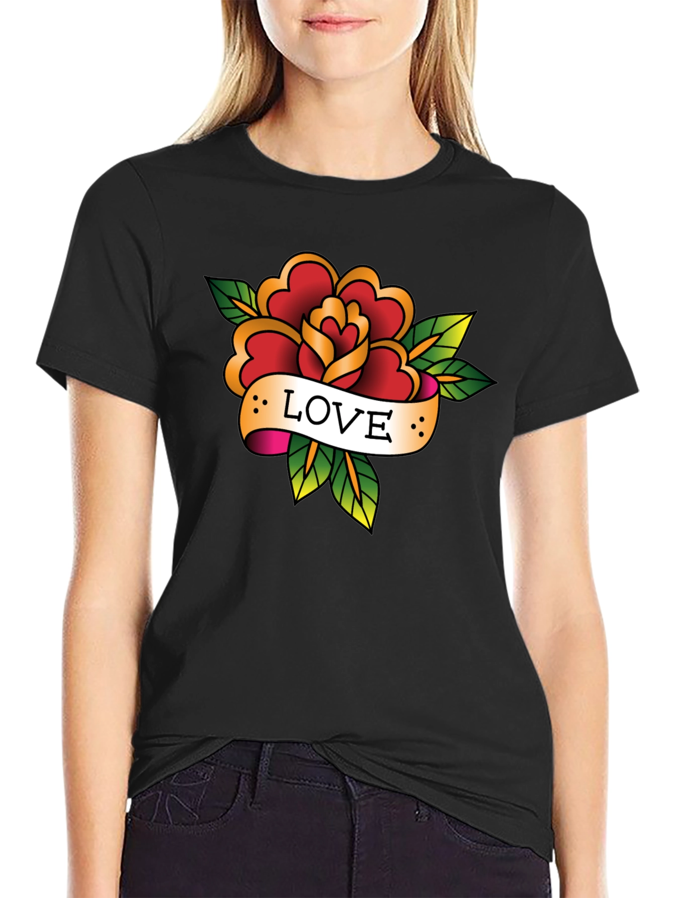 Love Rose Tattoo Style Black Graphic Tee