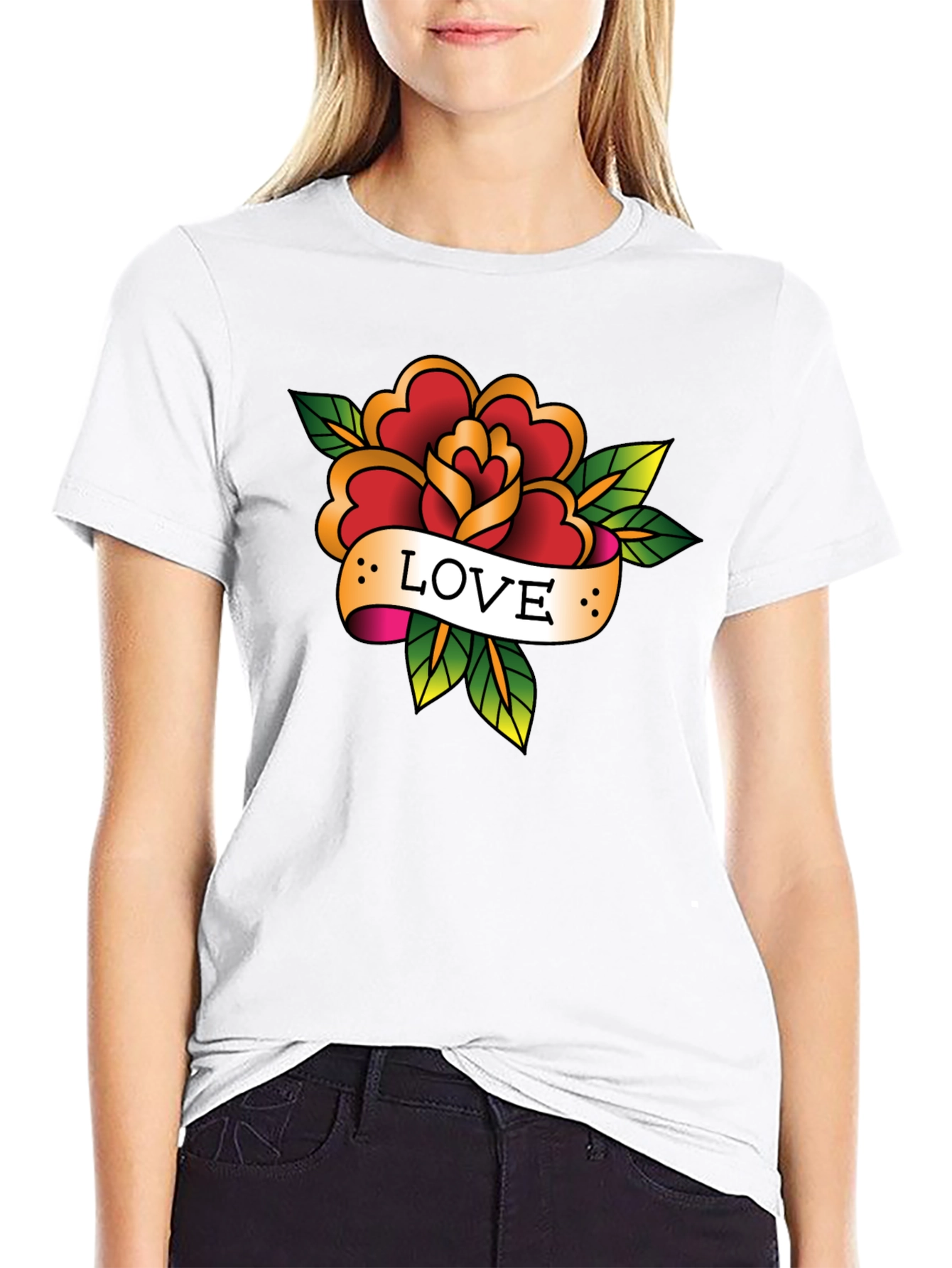 Love Rose Tattoo Style Black Graphic Tee