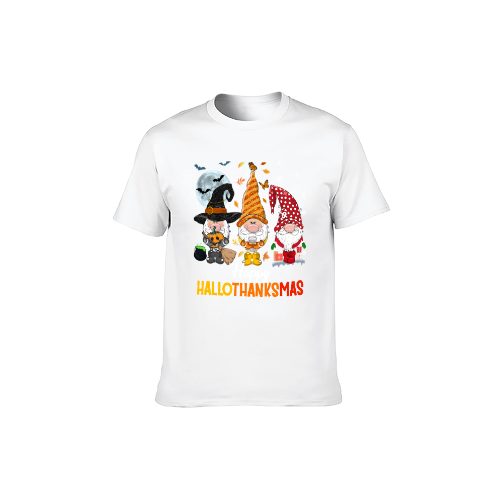 Happy HalloThanksMas Gnomes Graphic T-Shirt | 100% Cotton, Versatile for Multiple Occasions