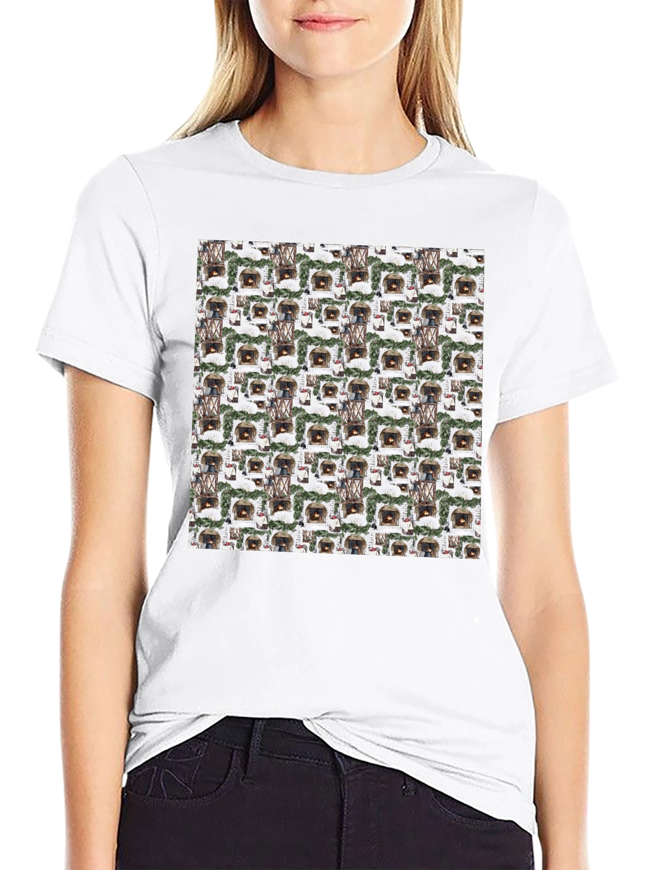 Cozy Fireplace Pattern T-Shirt - Warm & Stylish