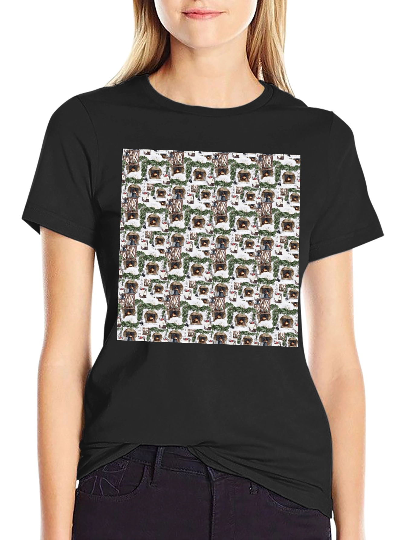 Cozy Fireplace Pattern T-Shirt - Warm & Stylish