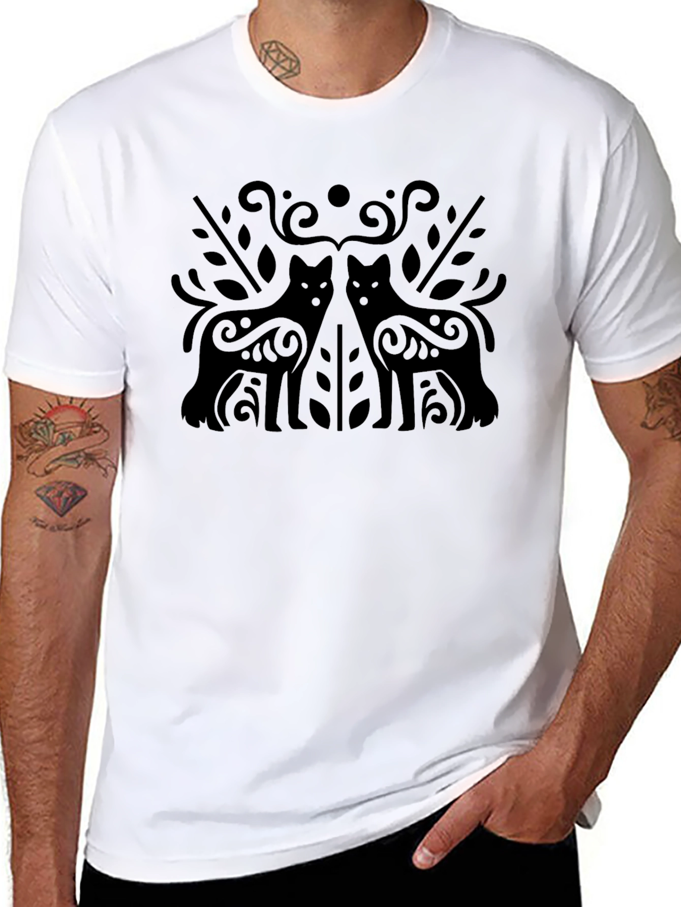 Black T-Shirt with Ornamental Wolf Design