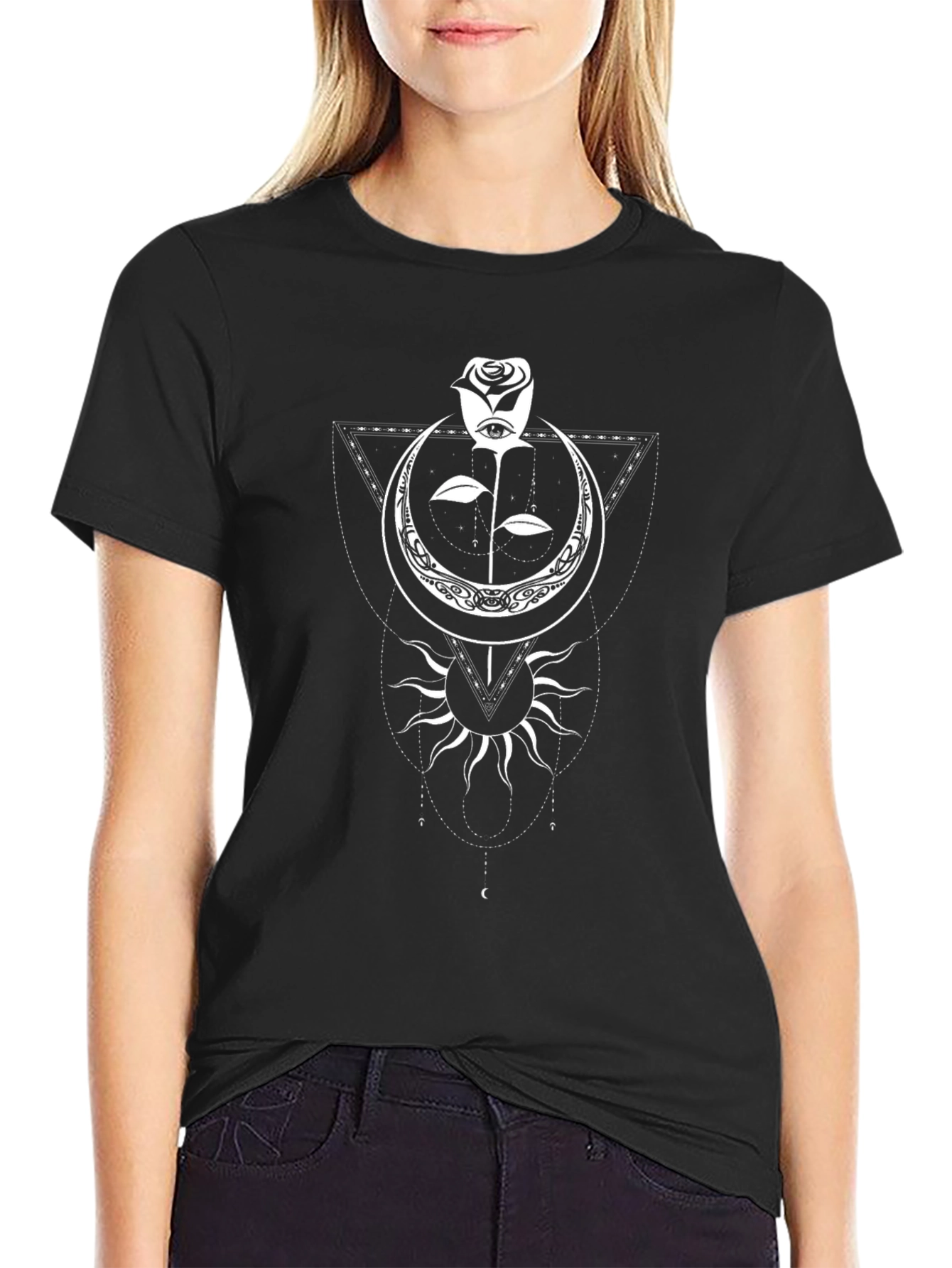 Mystic Rose & Moon Graphic Tee - Black Cotton