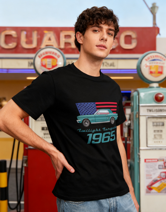 1965 Twilight Turquoise Retro Car & USA Flag T-Shirt - 100% Cotton, Classic Auto Enthusiast Tee for Car Shows & Daily Occasions