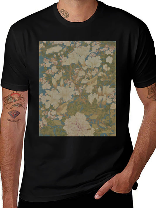 Floral Print Tee - Black Cotton Casual Wear