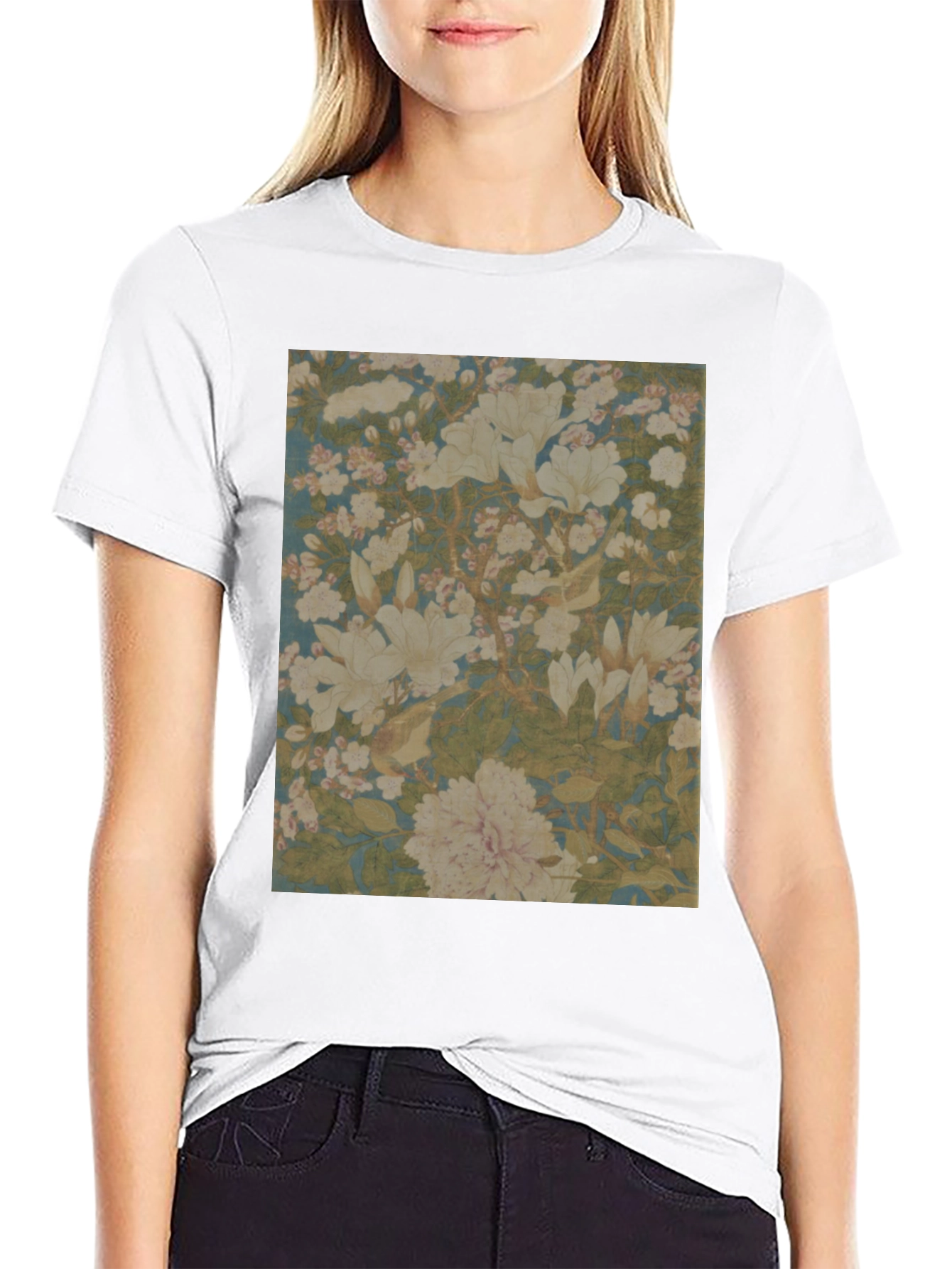 Floral Print Tee - Black Cotton Casual Wear