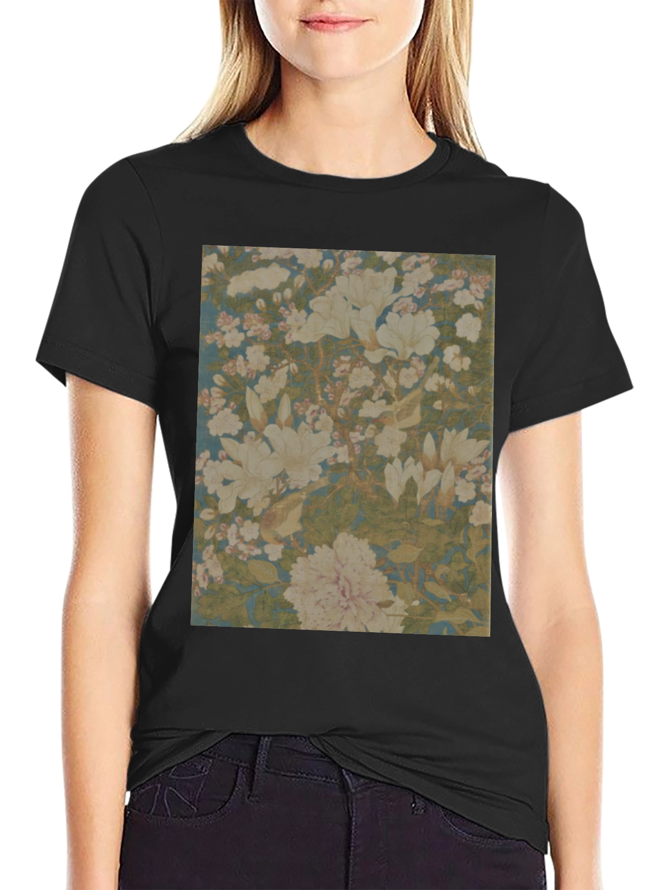 Floral Print Tee - Black Cotton Casual Wear