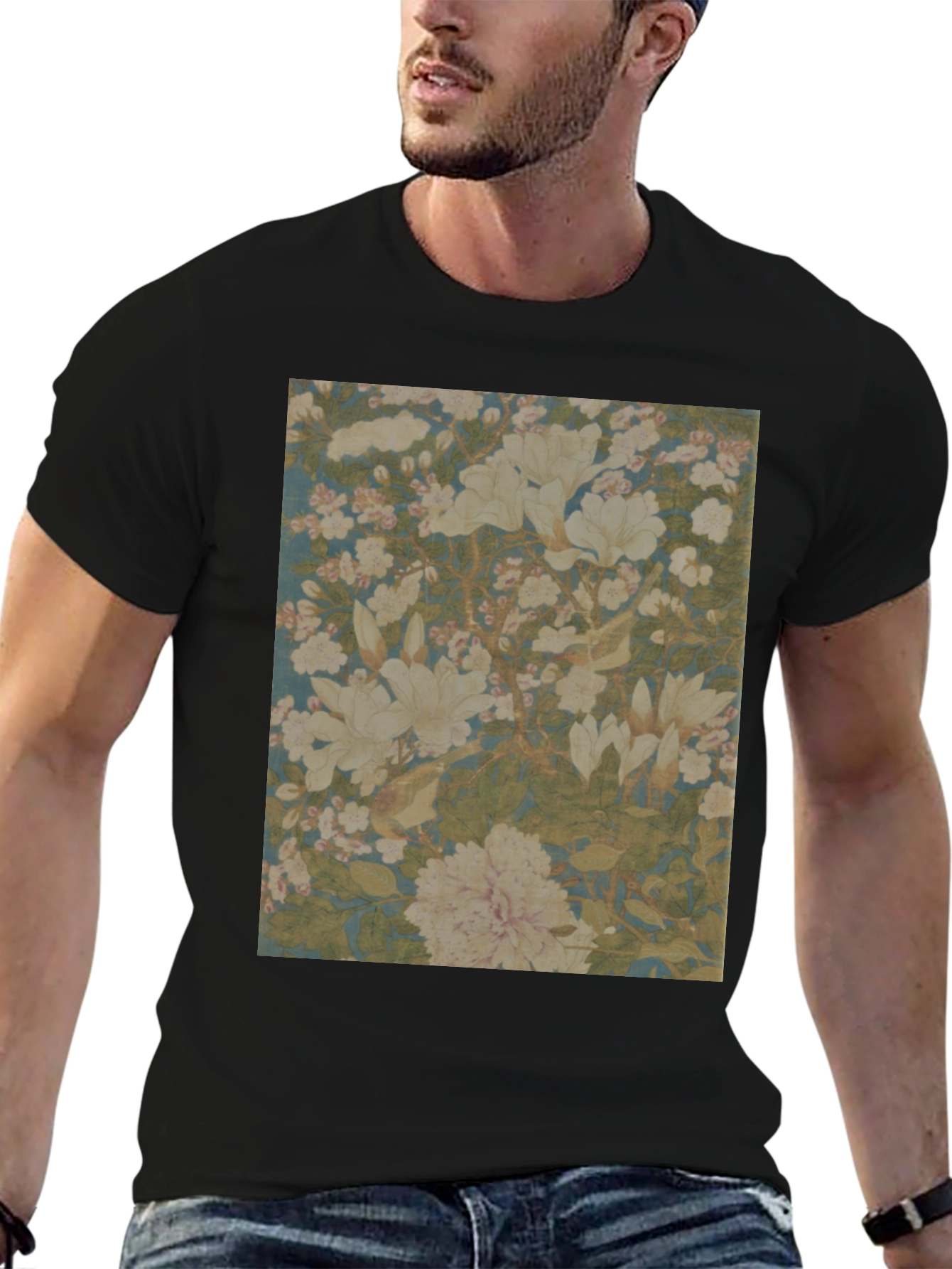 Floral Print Tee - Black Cotton Casual Wear