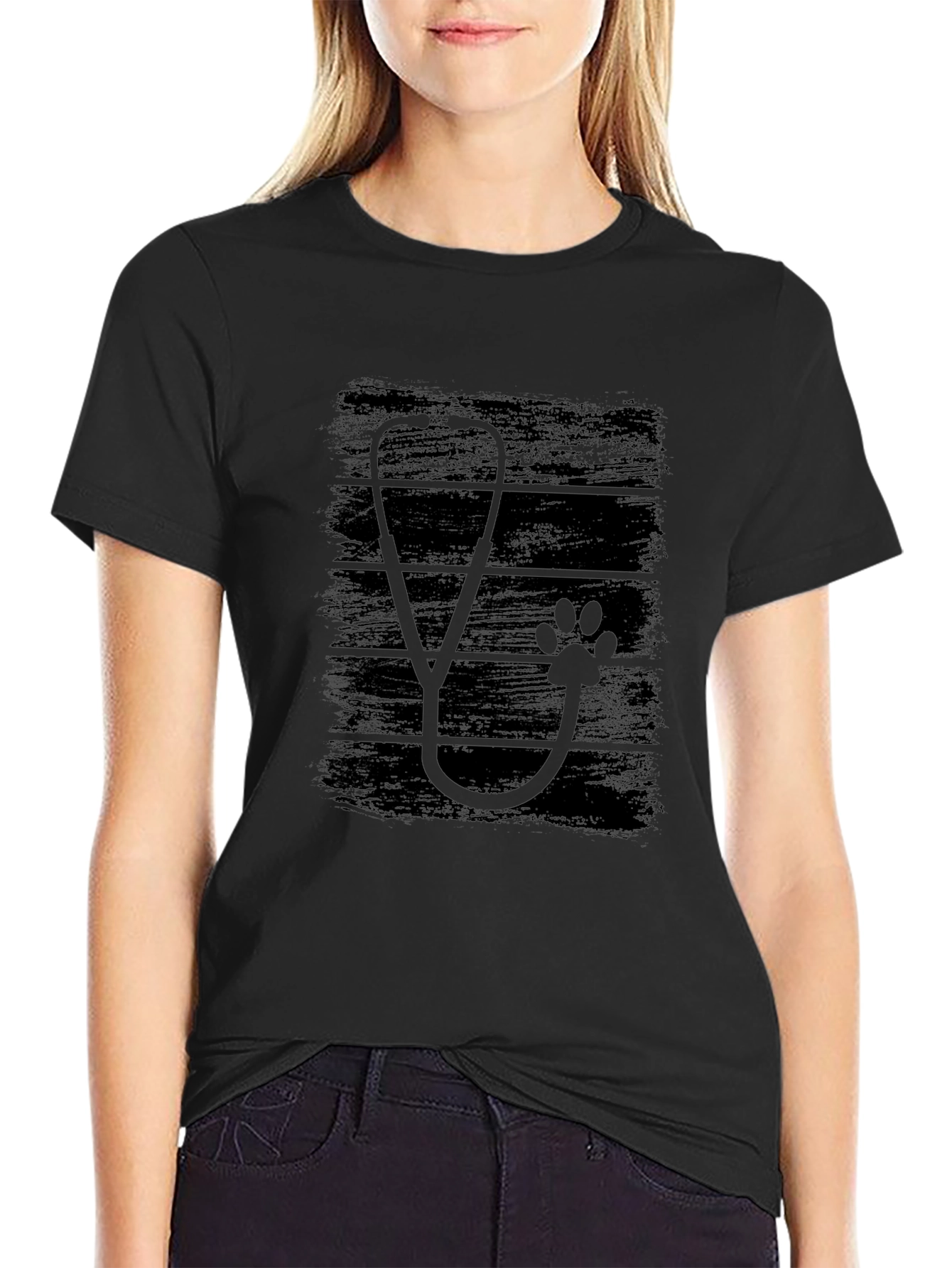 Vet Stethoscope Paw Print Black T-Shirt