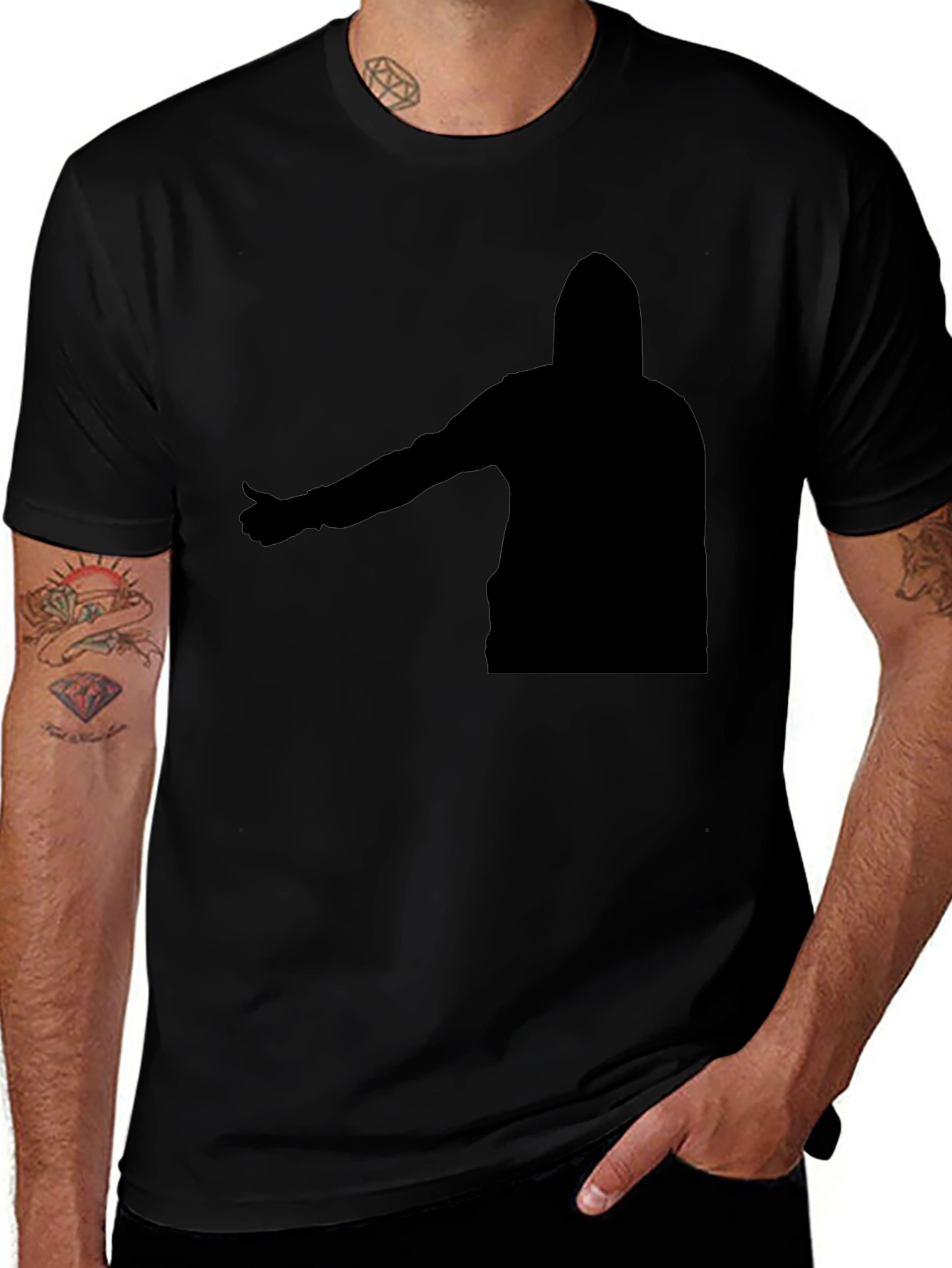 Black T-Shirt with Abstract Hooded Silhouette Graphic