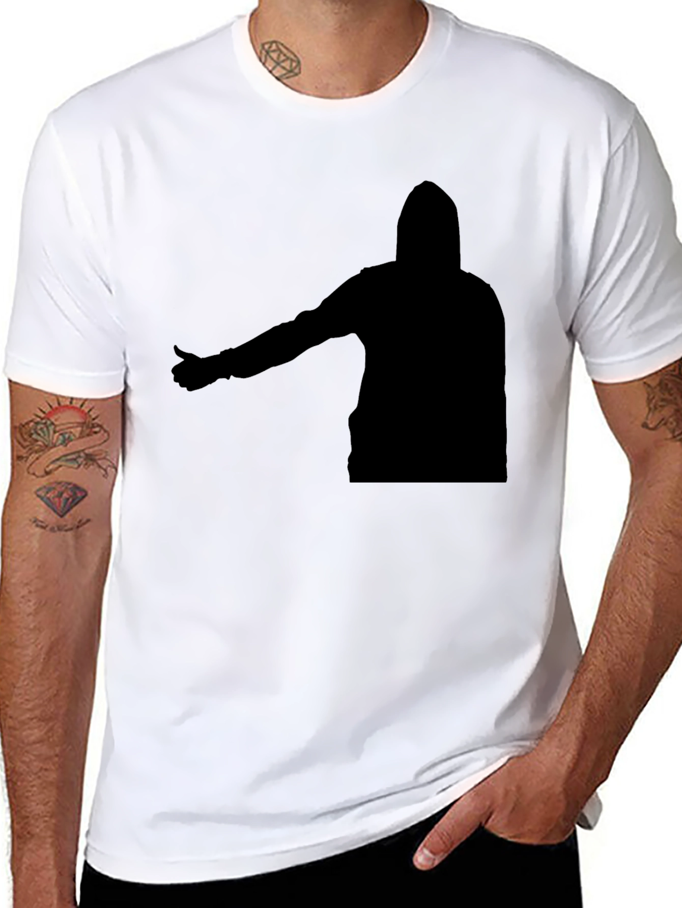 Black T-Shirt with Abstract Hooded Silhouette Graphic