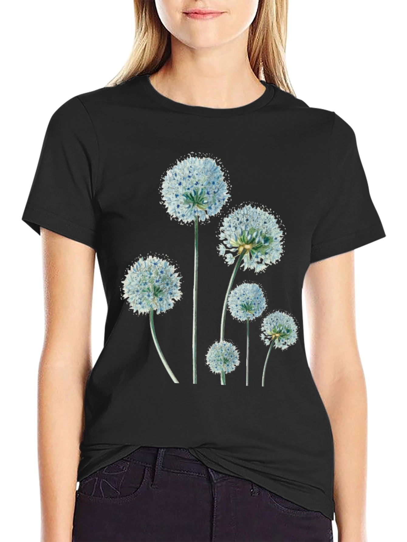 Floral Print Black Crew Neck T-Shirt