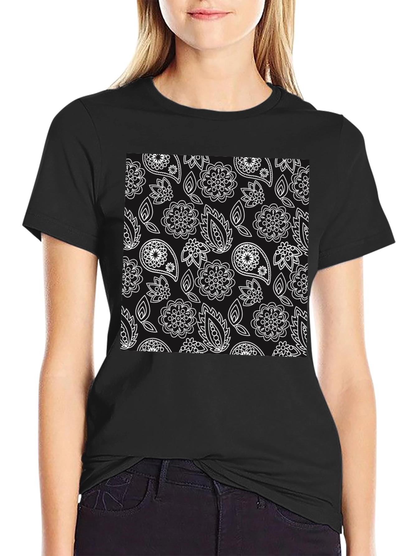 Floral Paisley Patterned Black T-Shirt