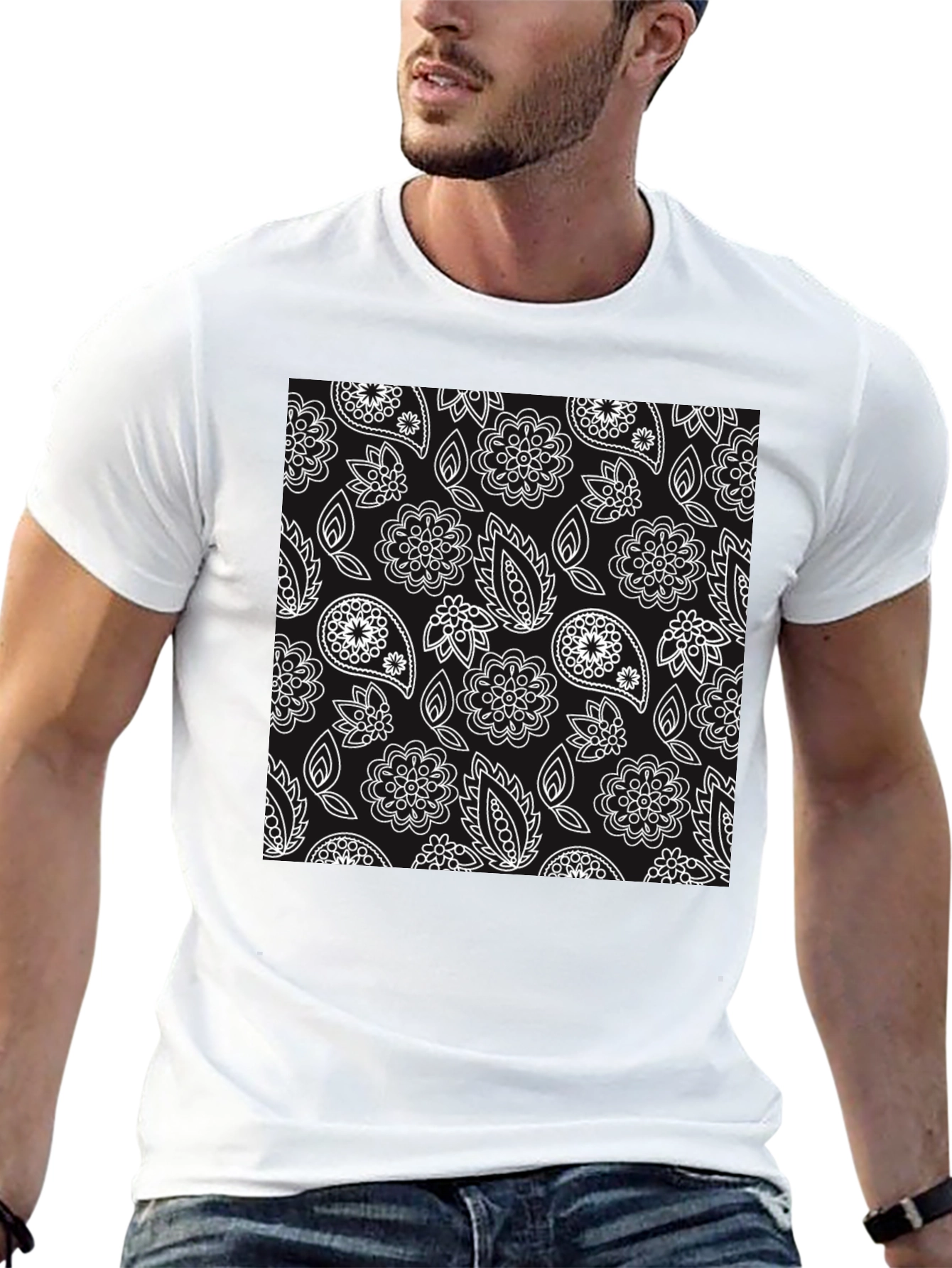 Floral Paisley Patterned Black T-Shirt