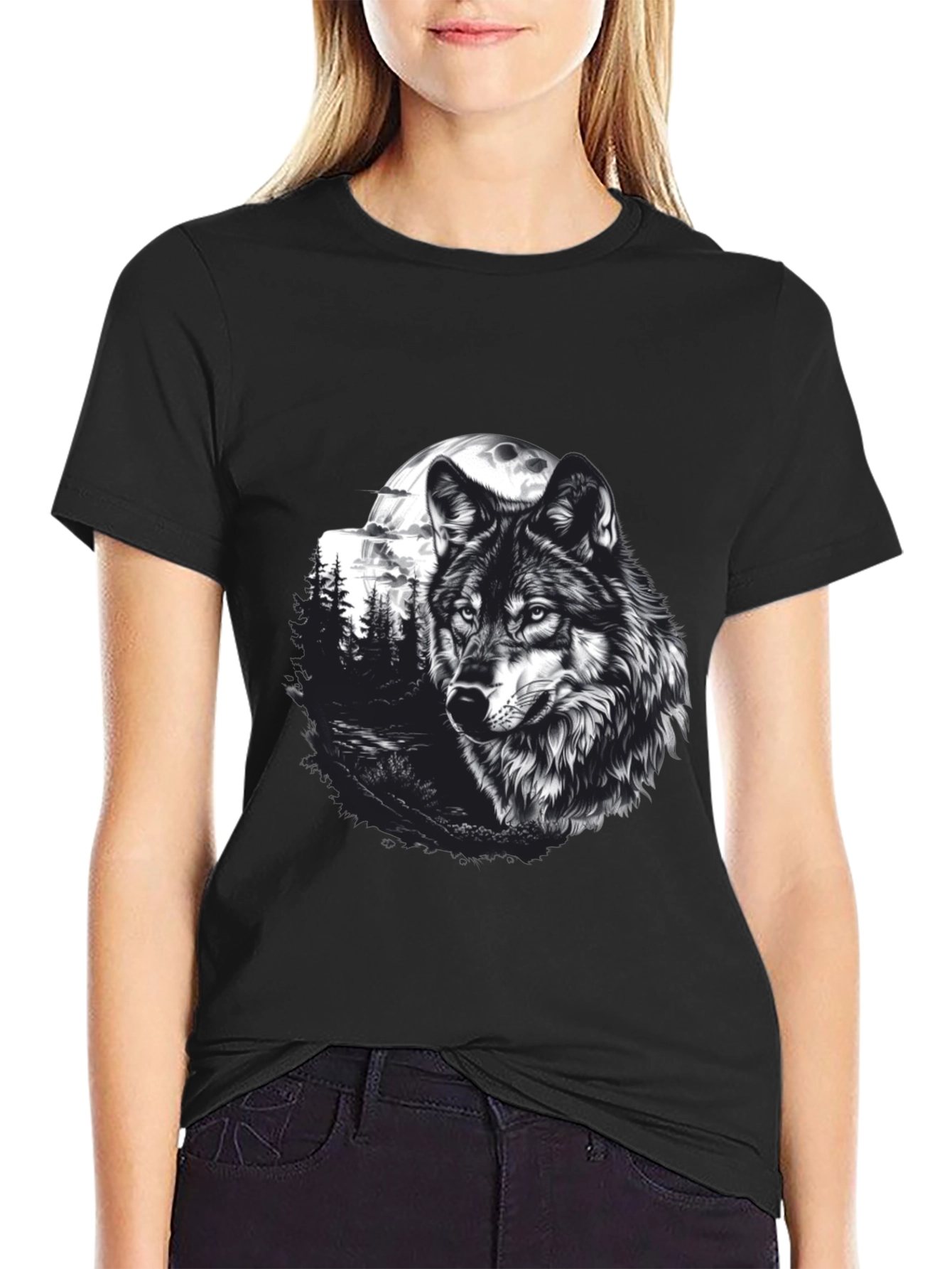 Wolf Moon Graphic Tee - Black Cotton T-Shirt