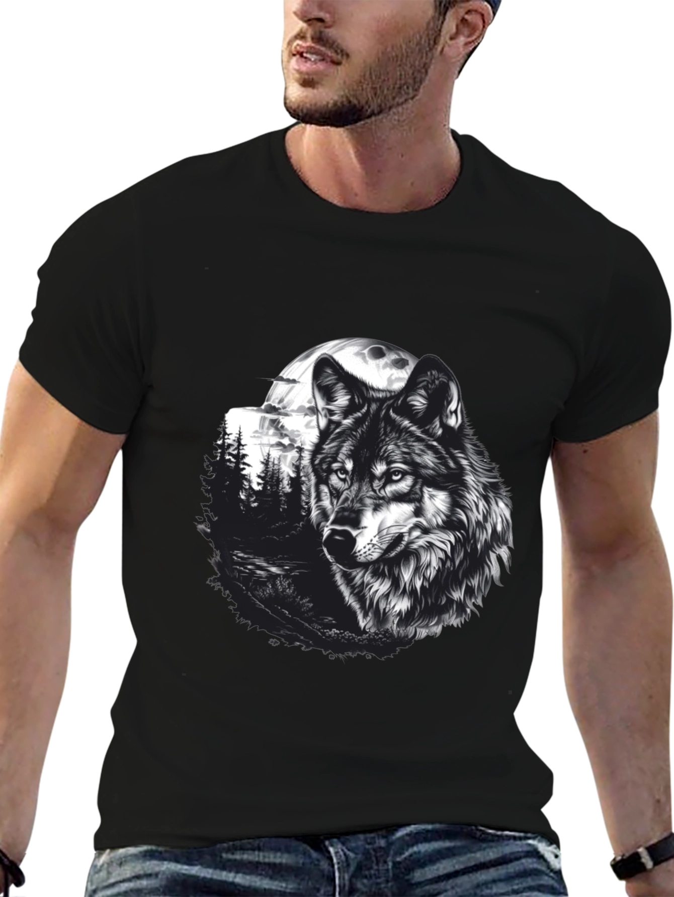 Wolf Moon Graphic Tee - Black Cotton T-Shirt
