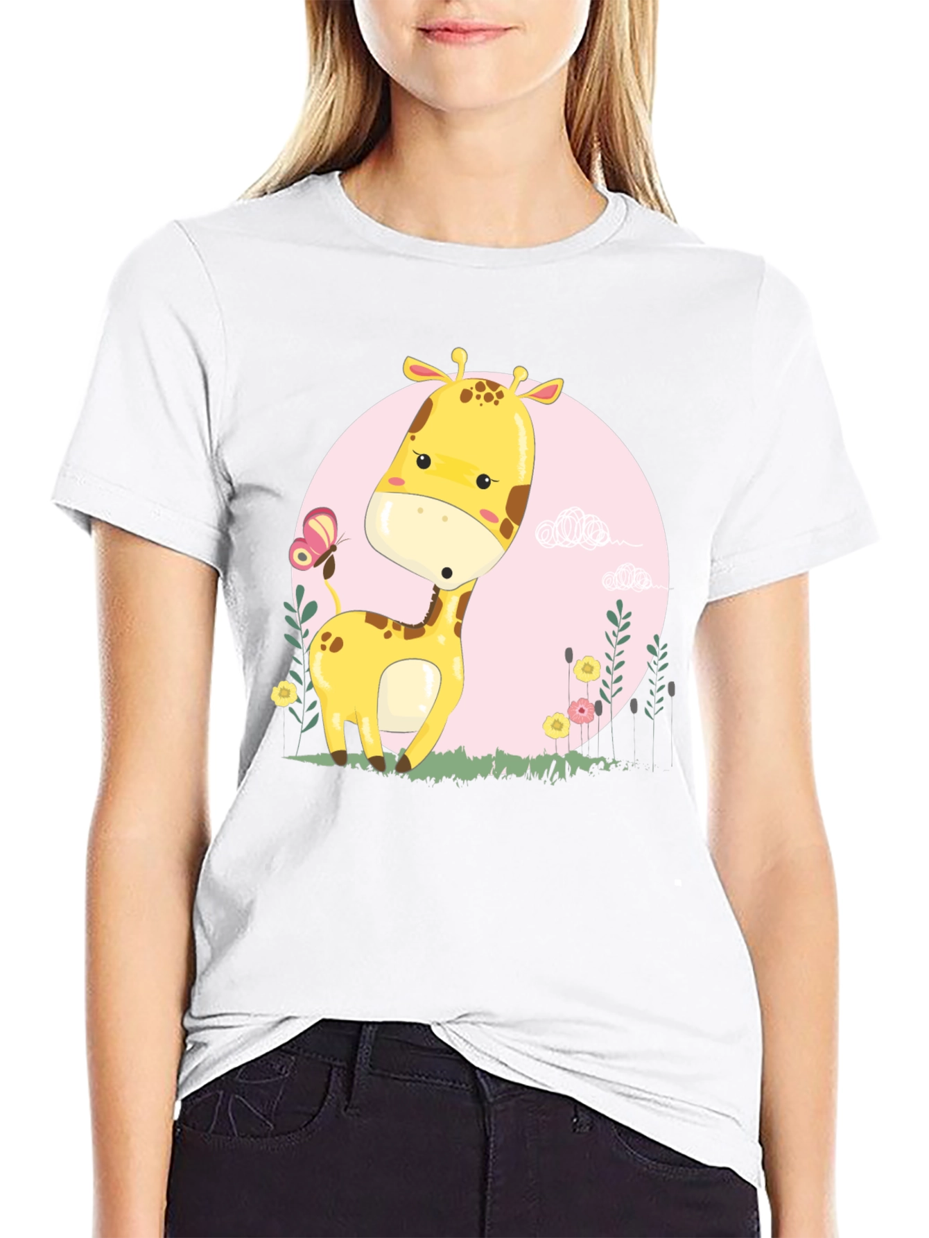 Cute Giraffe Cartoon Graphic Tee - Black