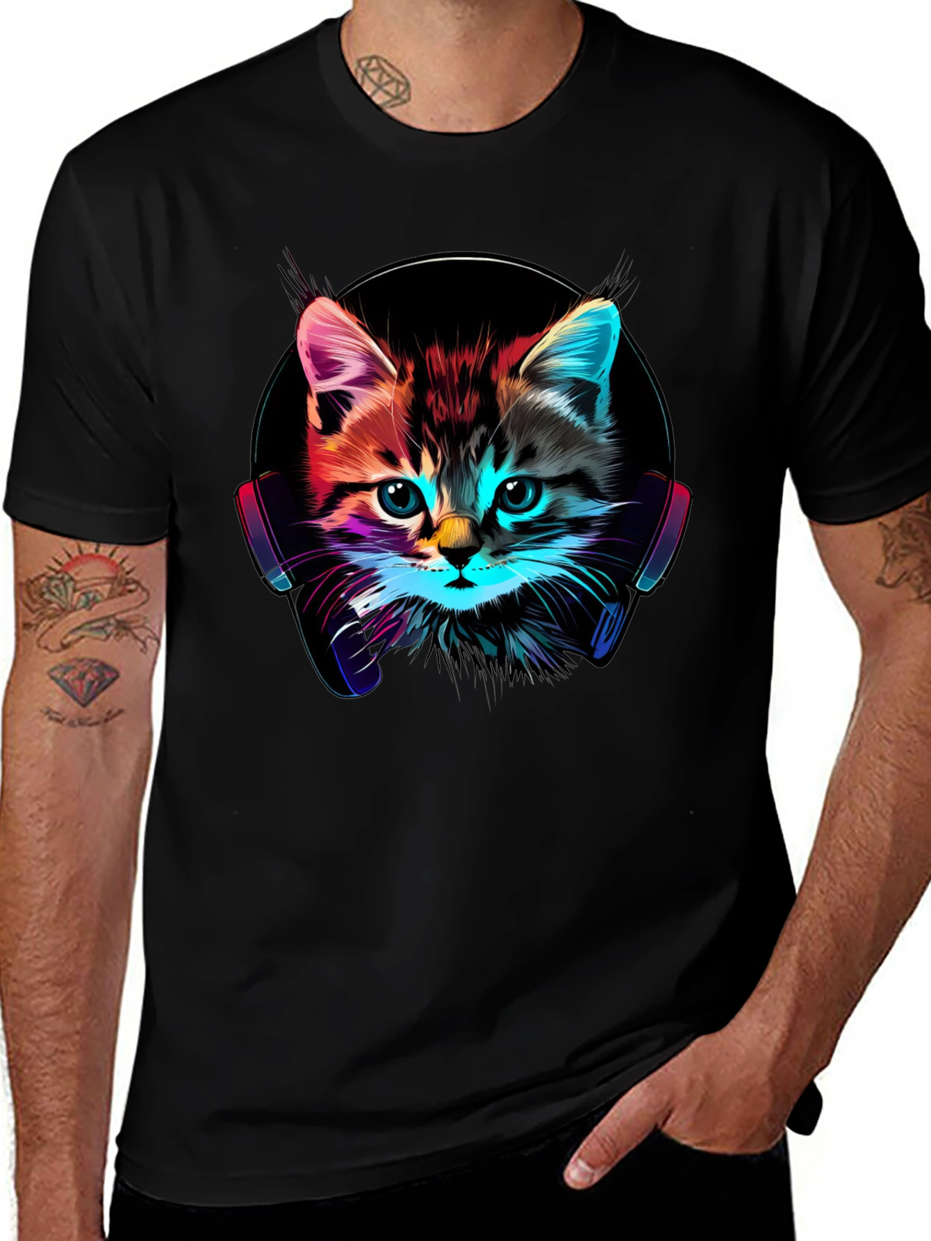 Neon Cat DJ T-Shirt - Funky Kitten Tee