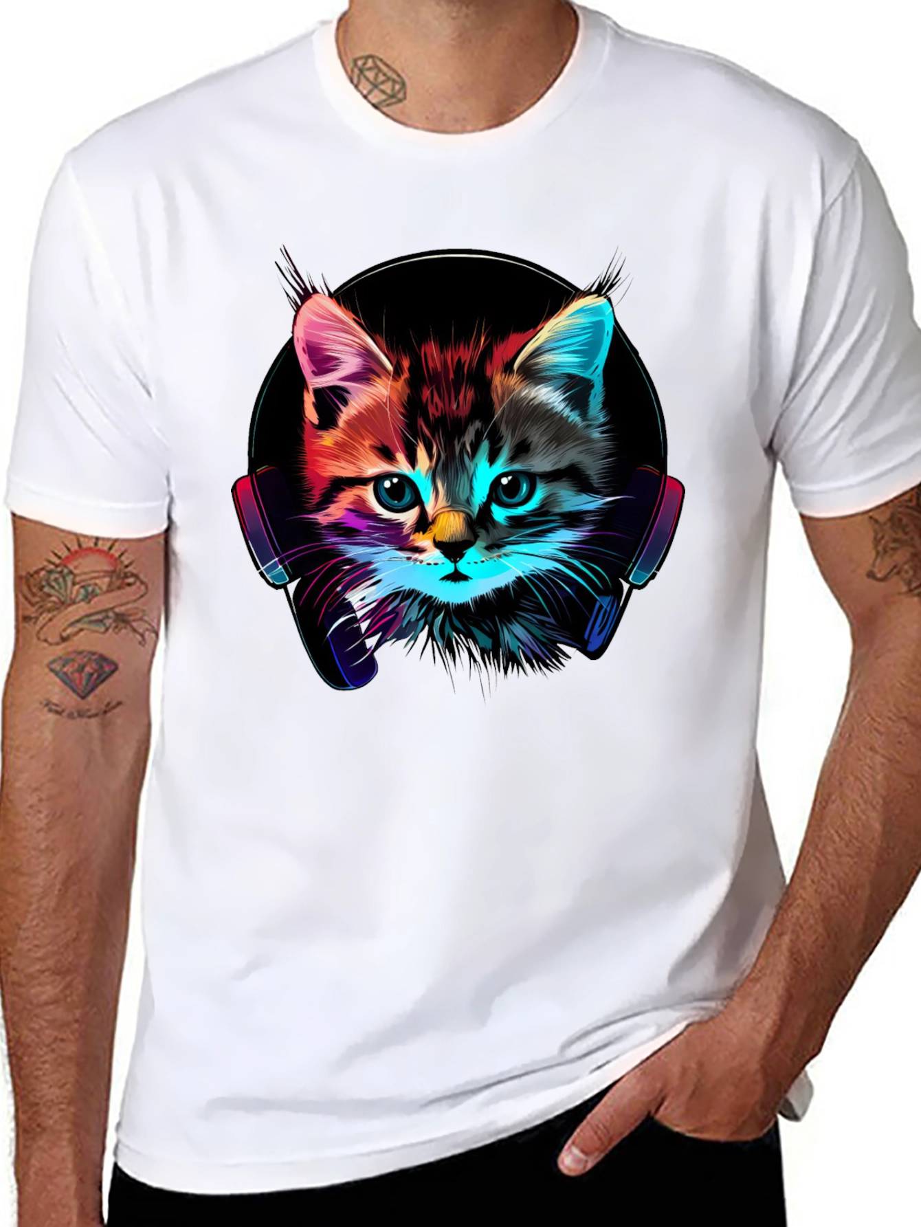 Neon Cat DJ T-Shirt - Funky Kitten Tee