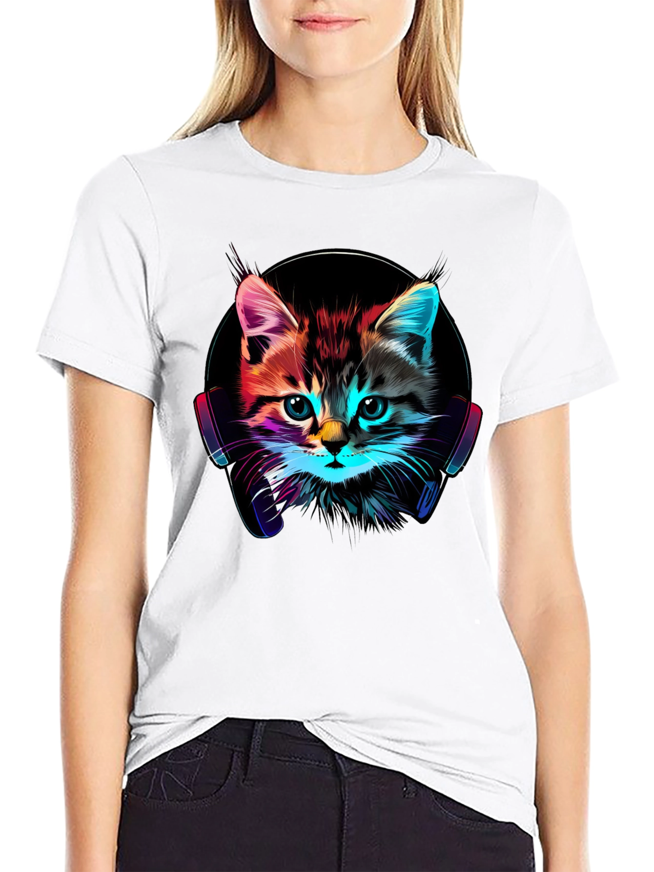 Neon Cat DJ T-Shirt - Funky Kitten Tee