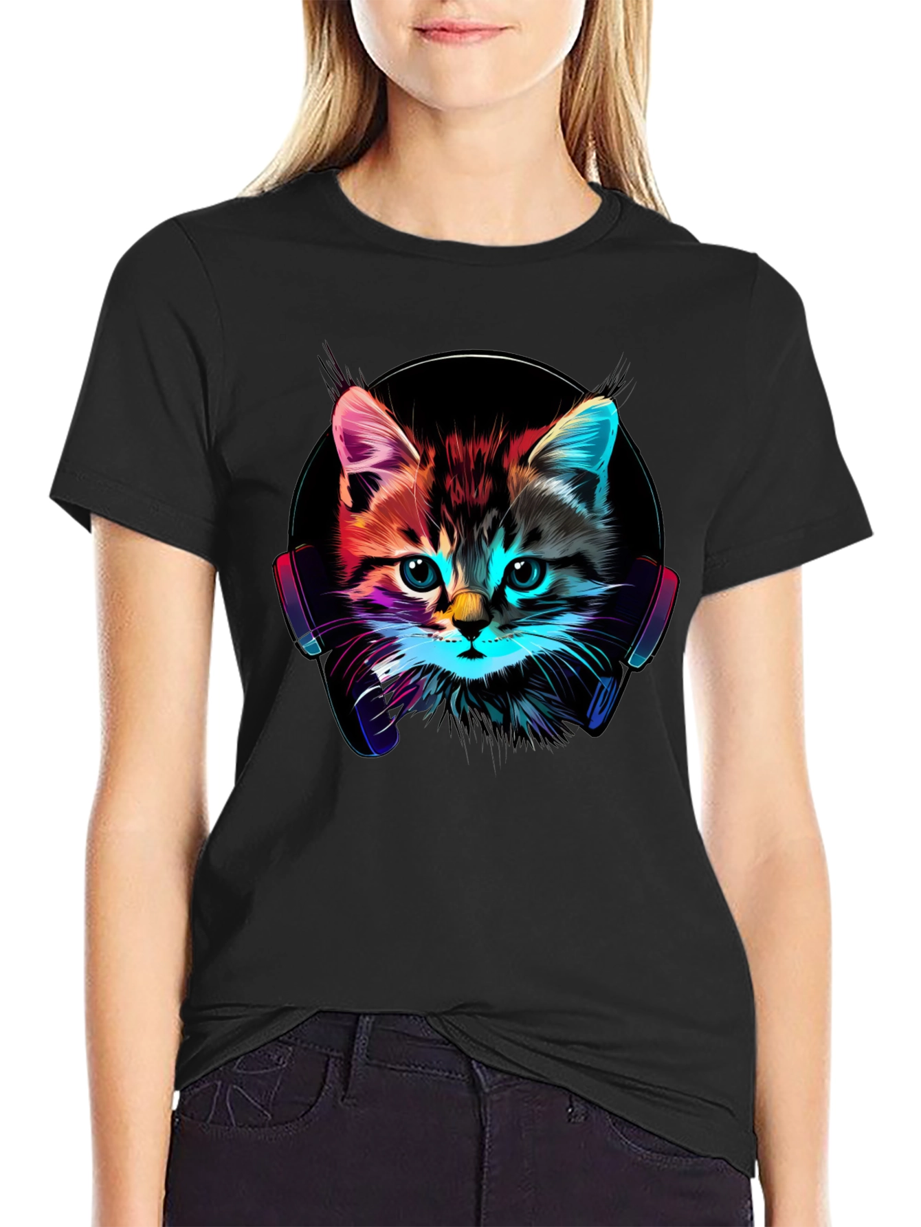 Neon Cat DJ T-Shirt - Funky Kitten Tee