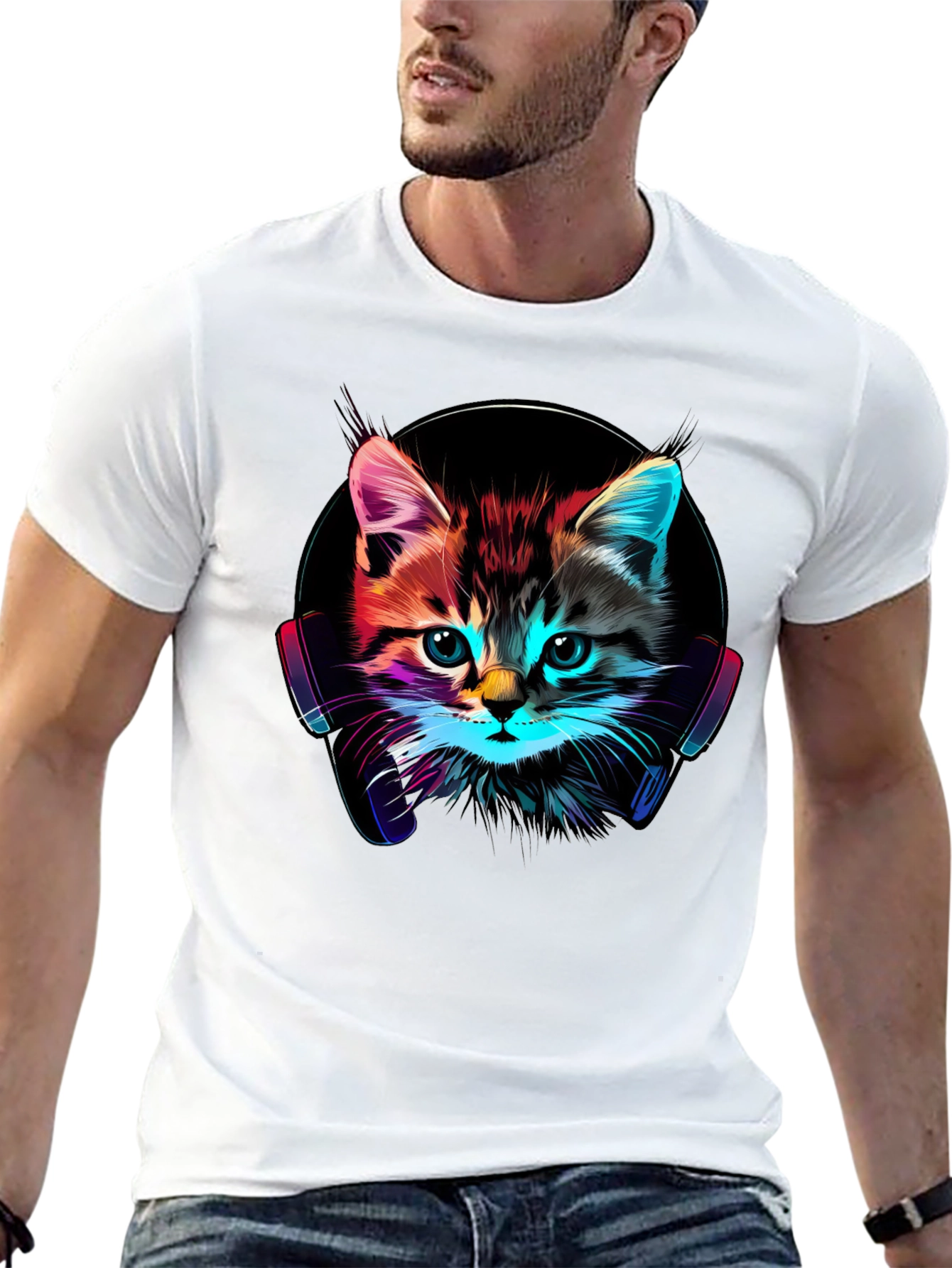 Neon Cat DJ T-Shirt - Funky Kitten Tee