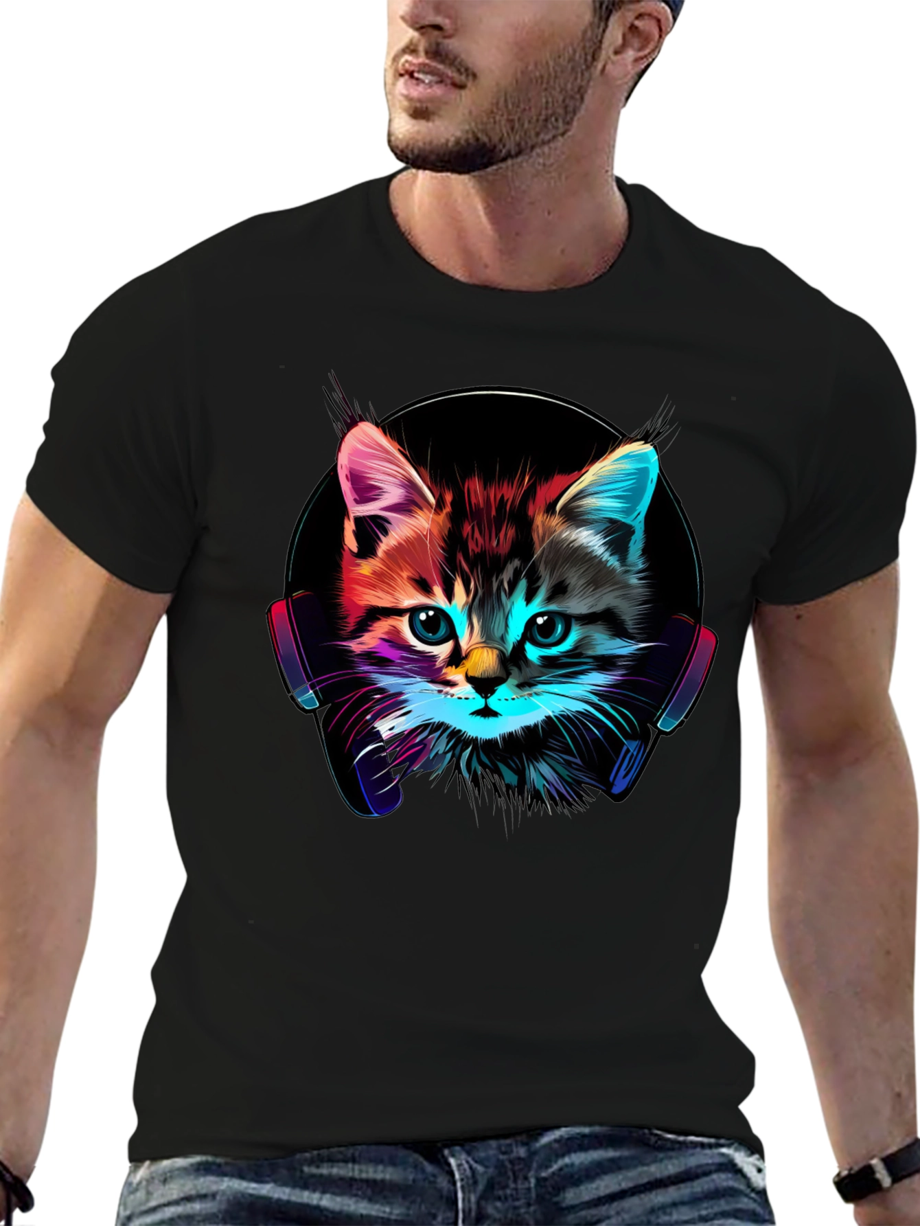 Neon Cat DJ T-Shirt - Funky Kitten Tee