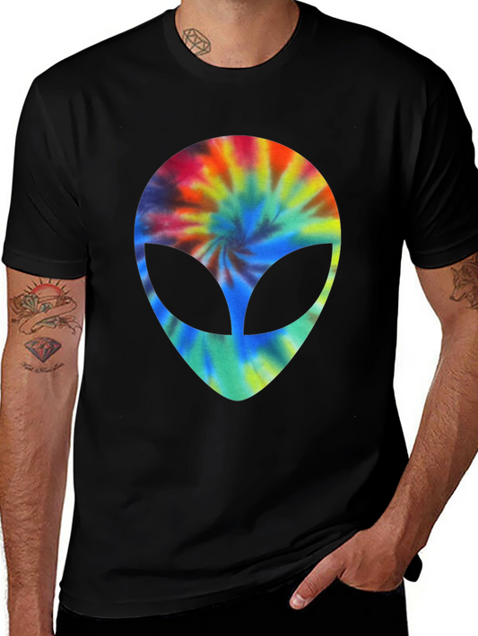 Tie Dye Alien Head Graphic Black T-Shirt