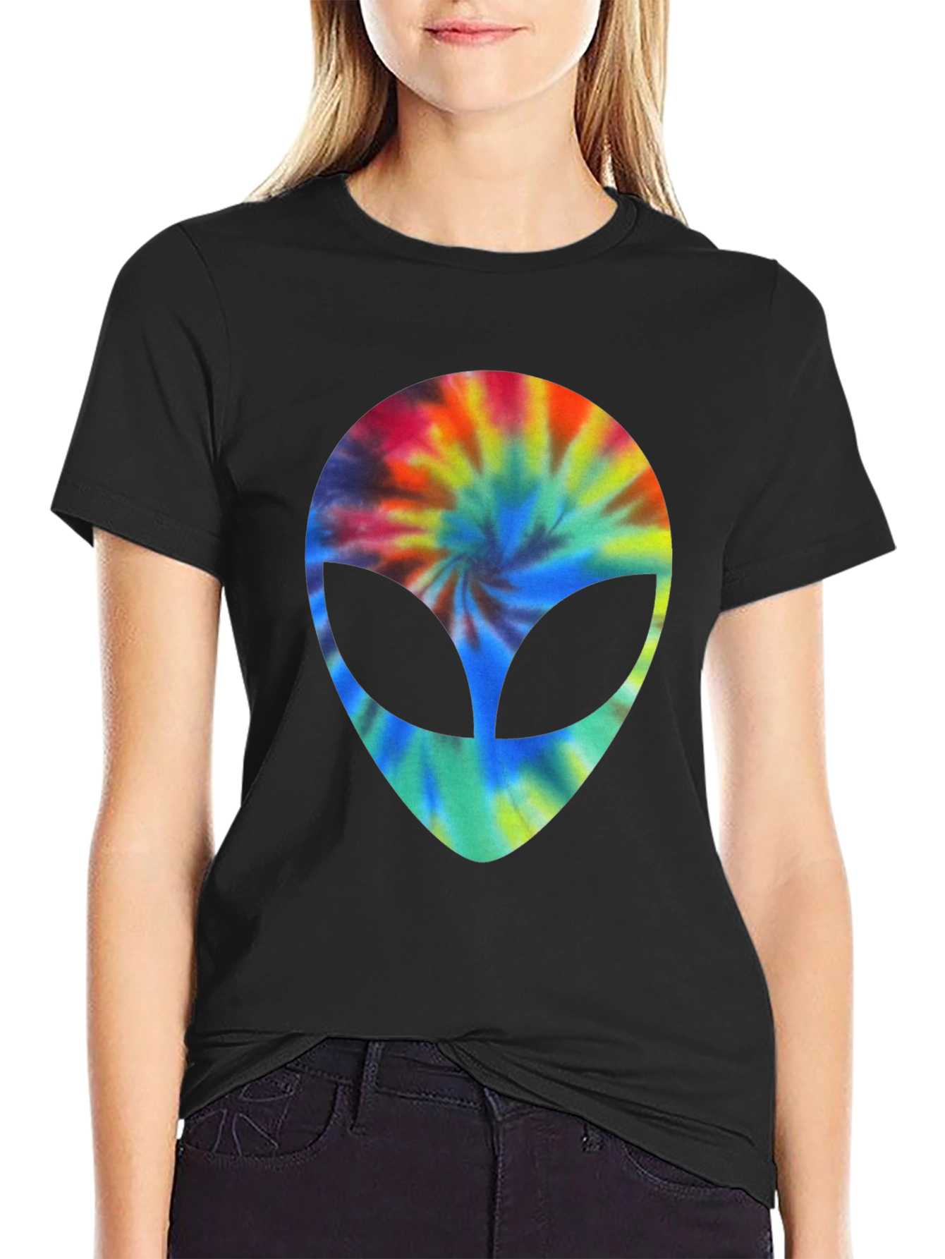 Tie Dye Alien Head Graphic Black T-Shirt