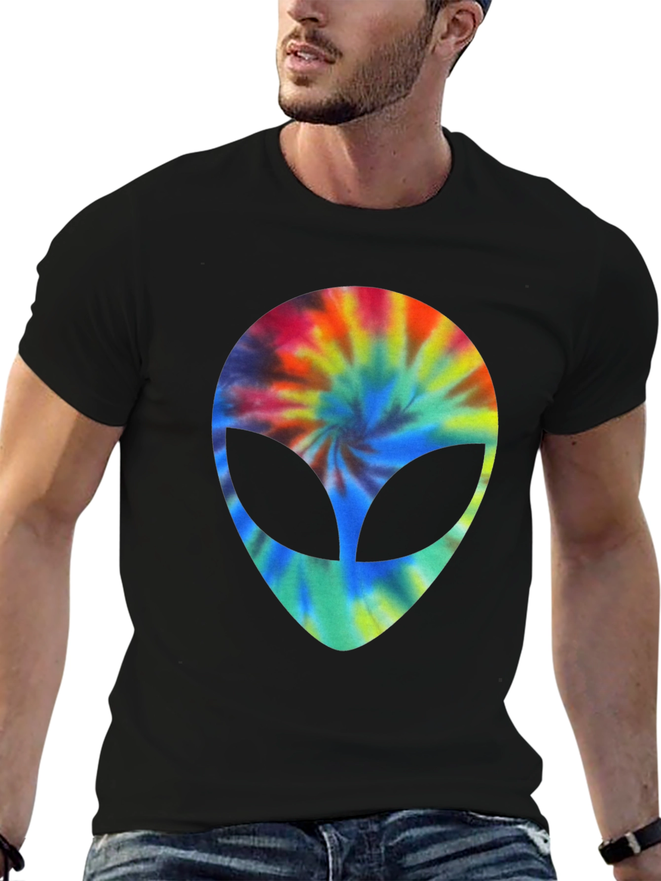 Tie Dye Alien Head Graphic Black T-Shirt