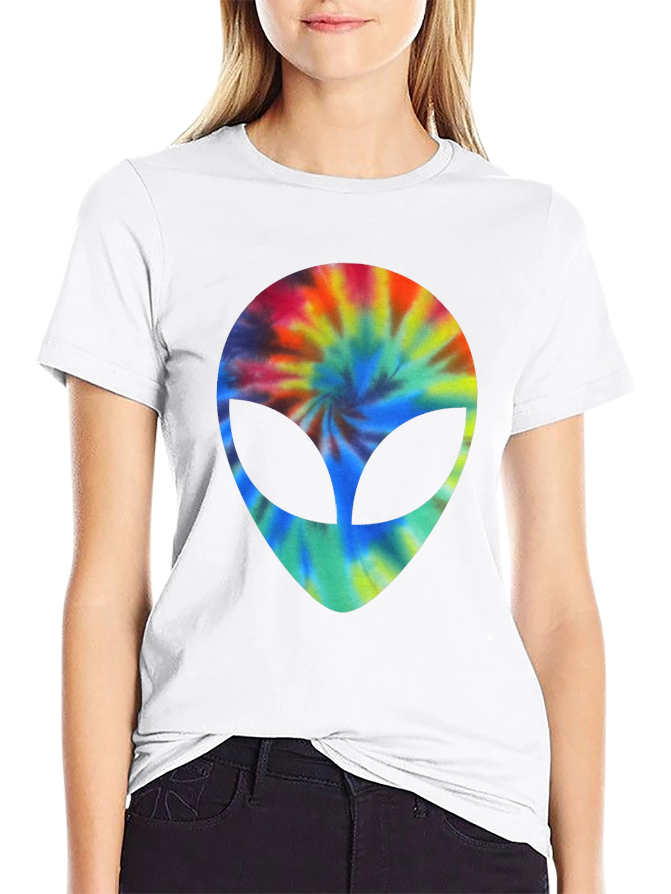 Tie Dye Alien Head Graphic Black T-Shirt
