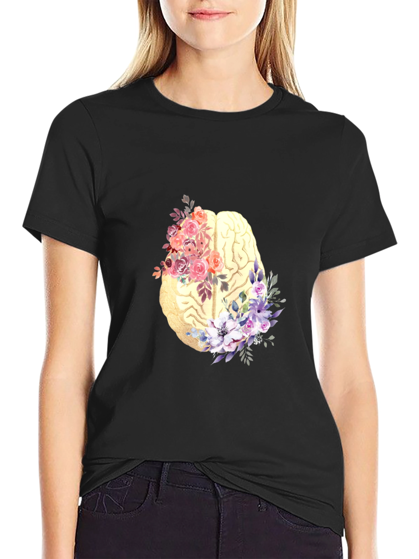 Floral Brain Graphic Tee - Black