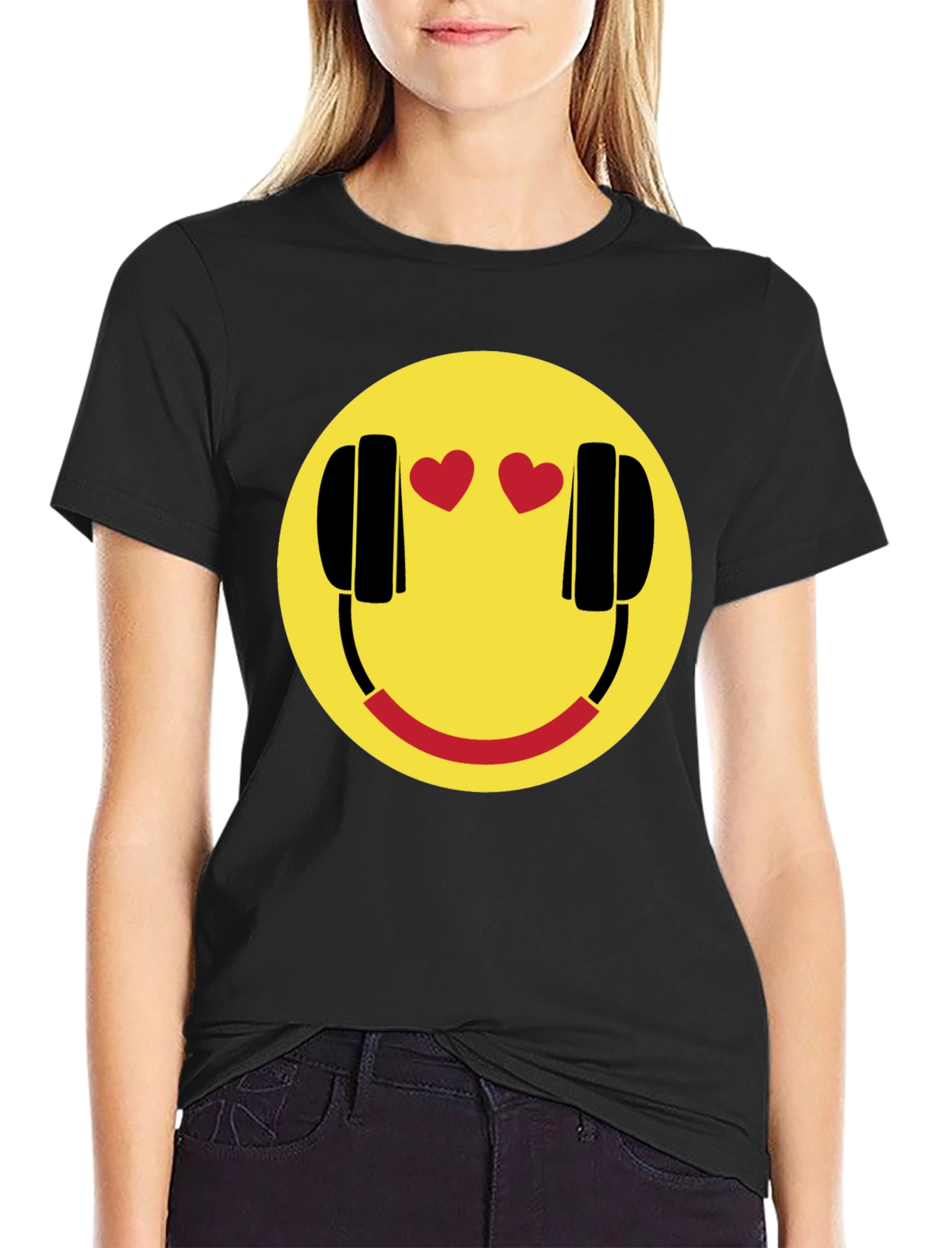 Smiley Face with Headphone Hearts T-Shirt