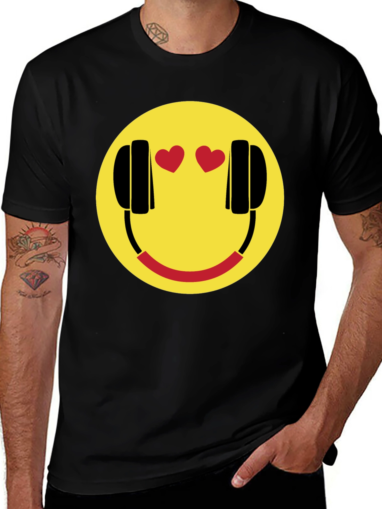 Smiley Face with Headphone Hearts T-Shirt