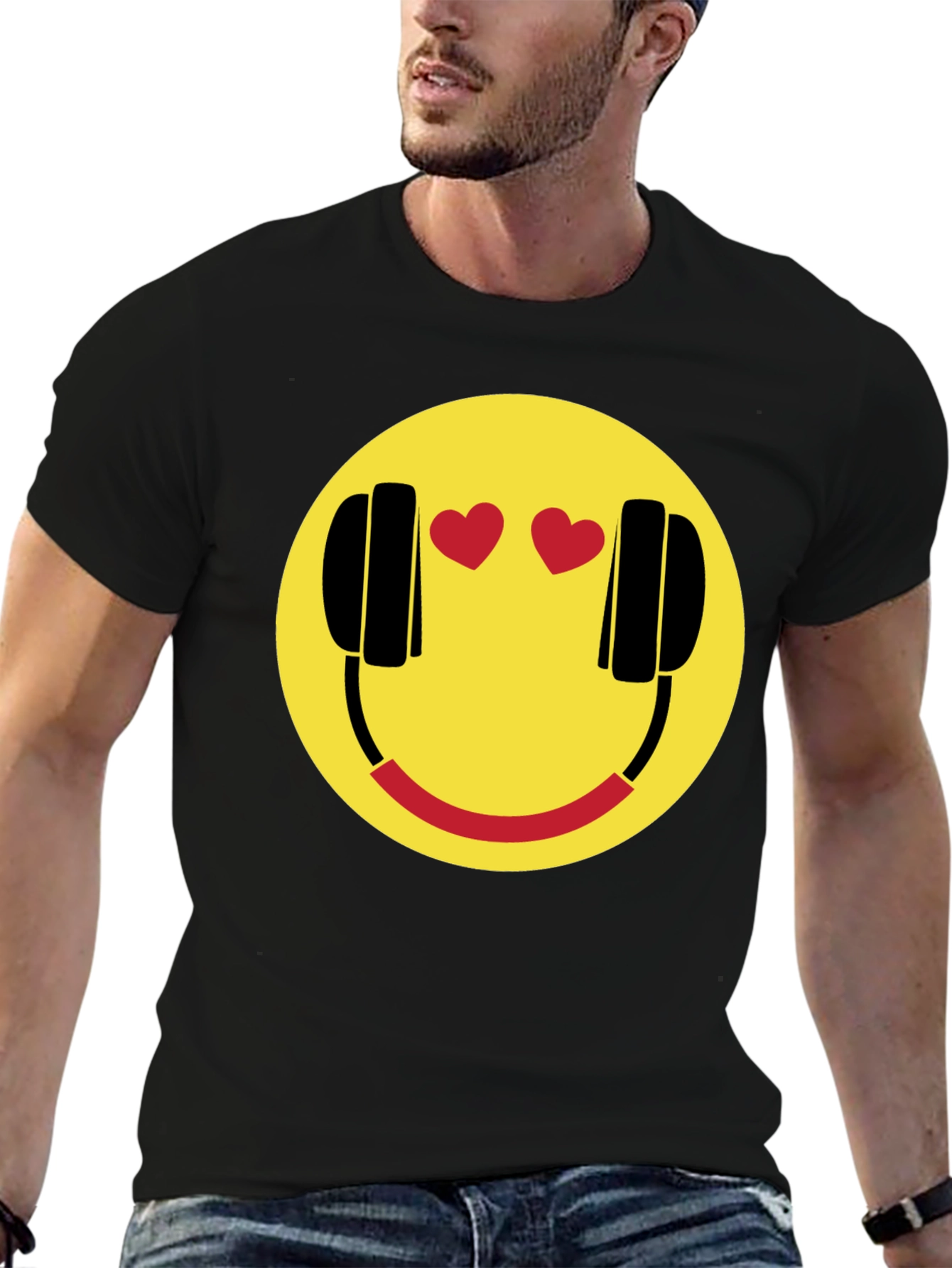 Smiley Face with Headphone Hearts T-Shirt