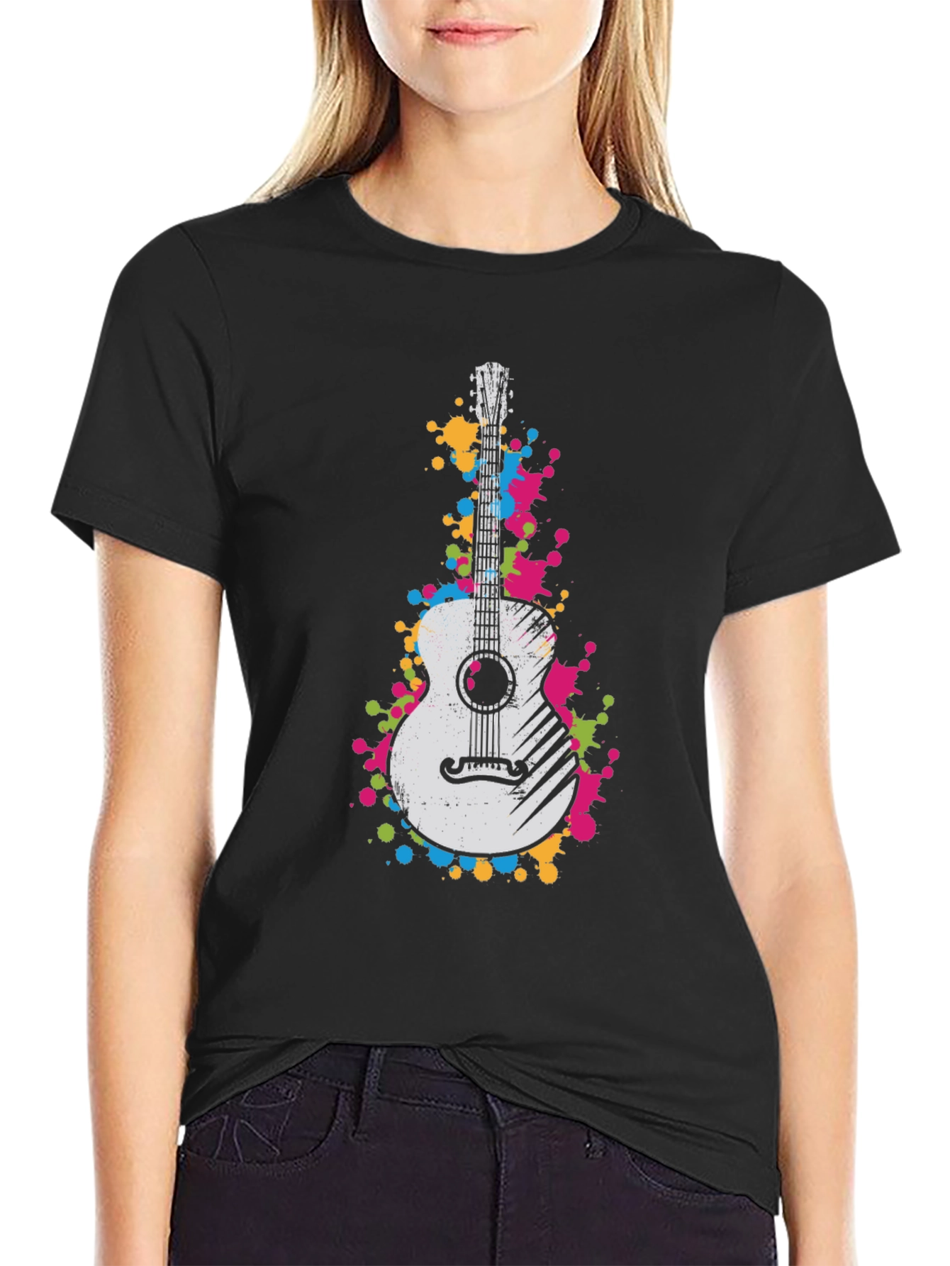 Guitar Splatter Graphic Black T-Shirt