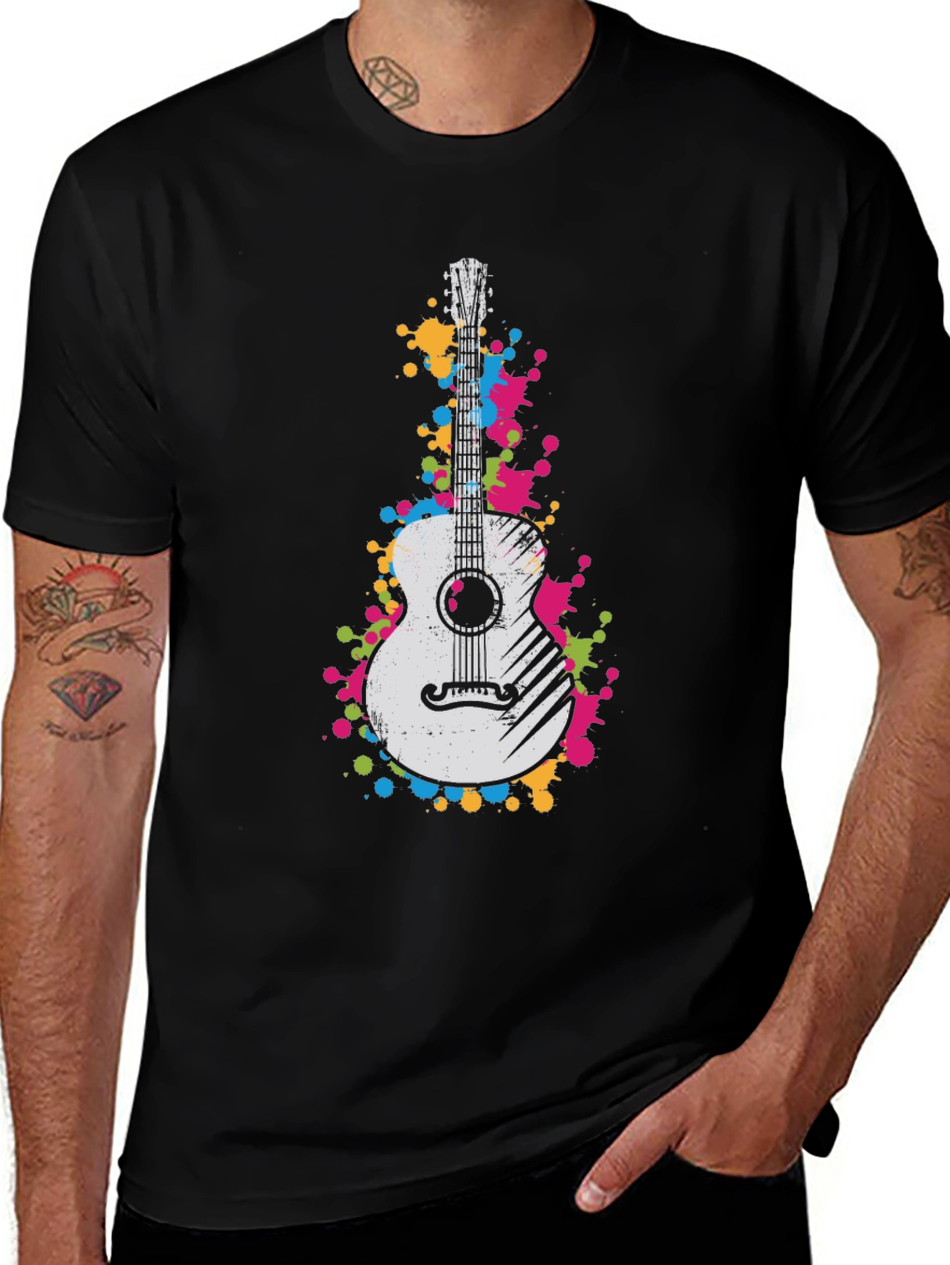 Guitar Splatter Graphic Black T-Shirt