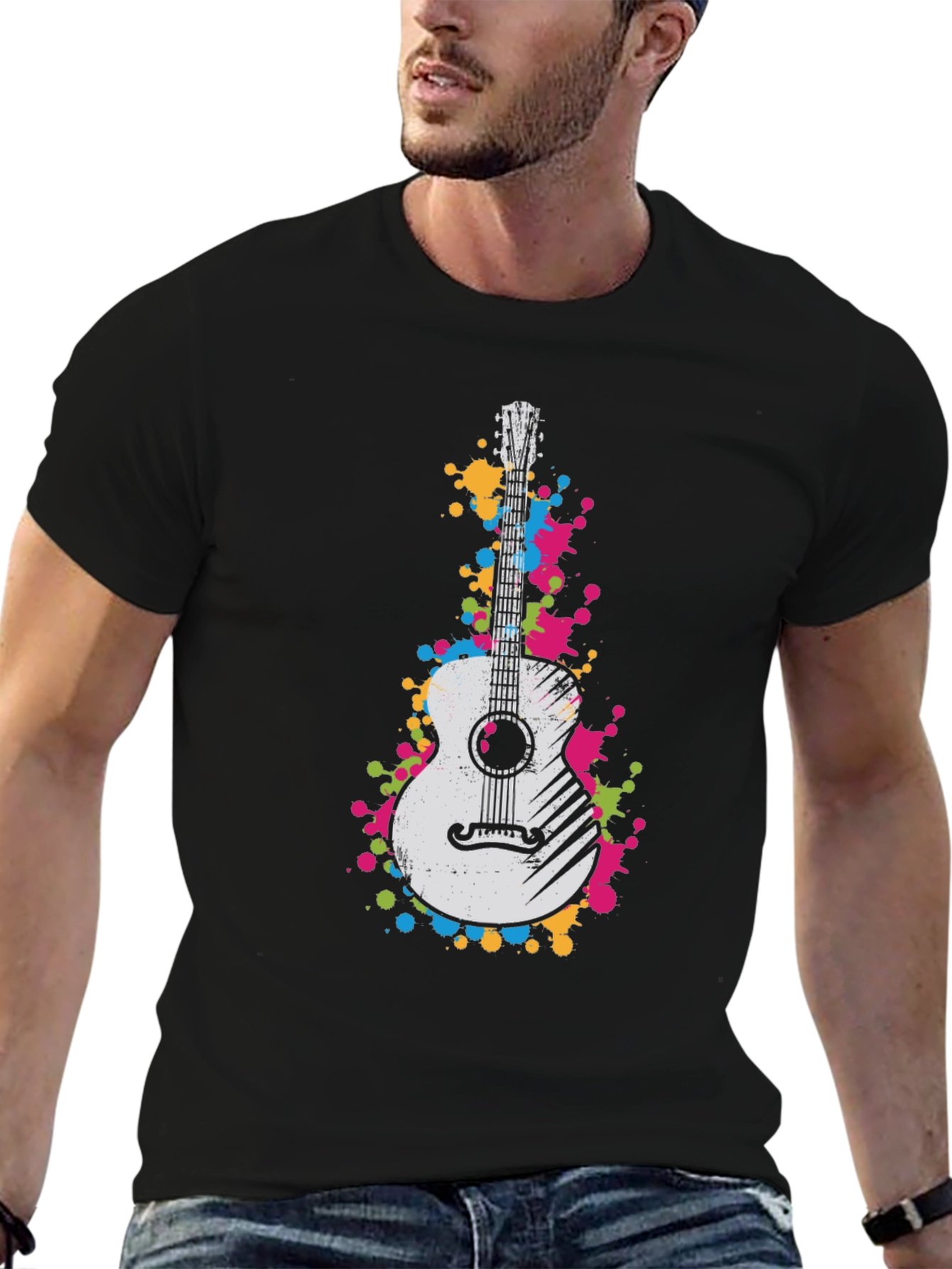 Guitar Splatter Graphic Black T-Shirt