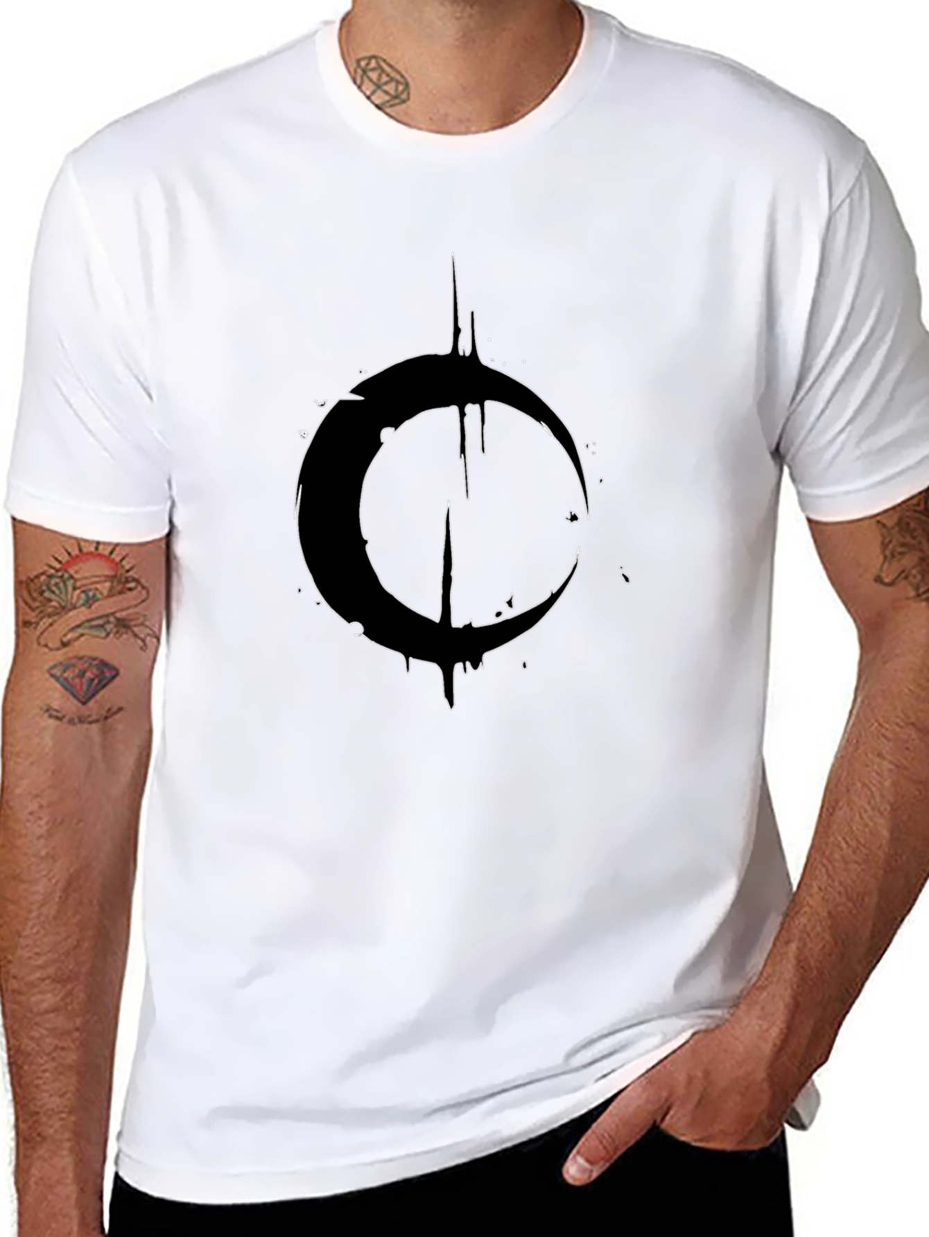 Mens Black Graphic Tee - Crescent Moon Design