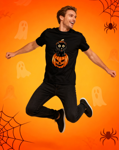 Halloween Black Cat Pumpkin 100% Cotton T-Shirt - Unisex Spooky Season Tee for All Occasions
