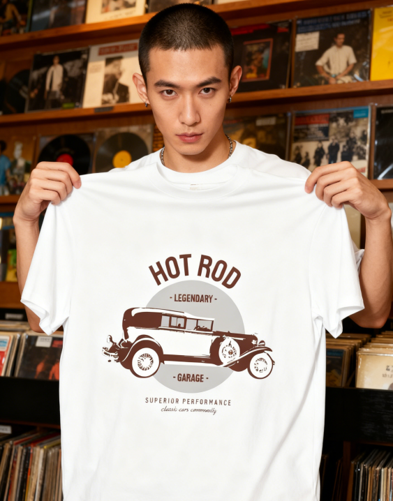 Unisex HOT ROD Legendary Vintage Car Graphic Print T-Shirt, 1 pcs 190g 100% Pure Cotton Casual Short-Sleeve T-Shirt