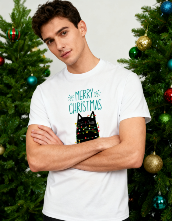 Merry Christmas Black Cat String Lights T-Shirt - 100% Cotton, Cute Festive Tee for Holiday & Casual Occasions