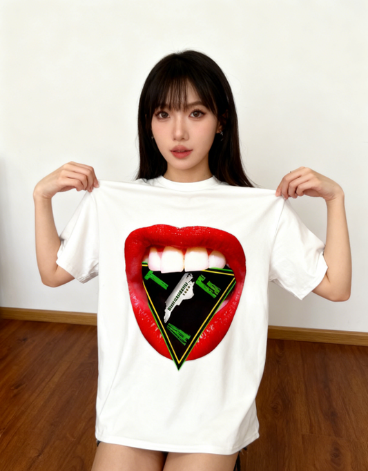 Bold Lips Triangle Graphic Black T-Shirt
