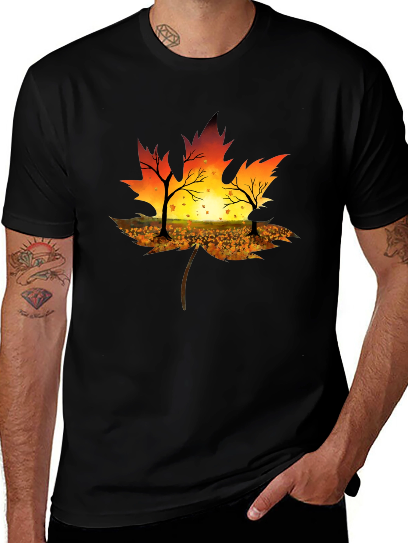 Autumn Leaf T-Shirt - Sunset Silhouette Design