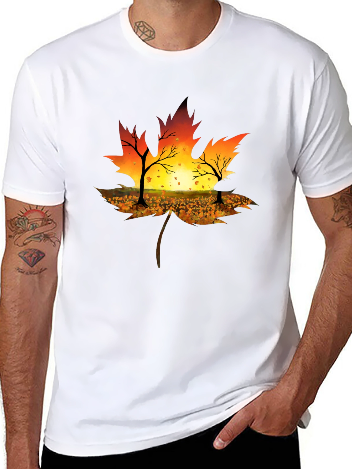 Autumn Leaf T-Shirt - Sunset Silhouette Design