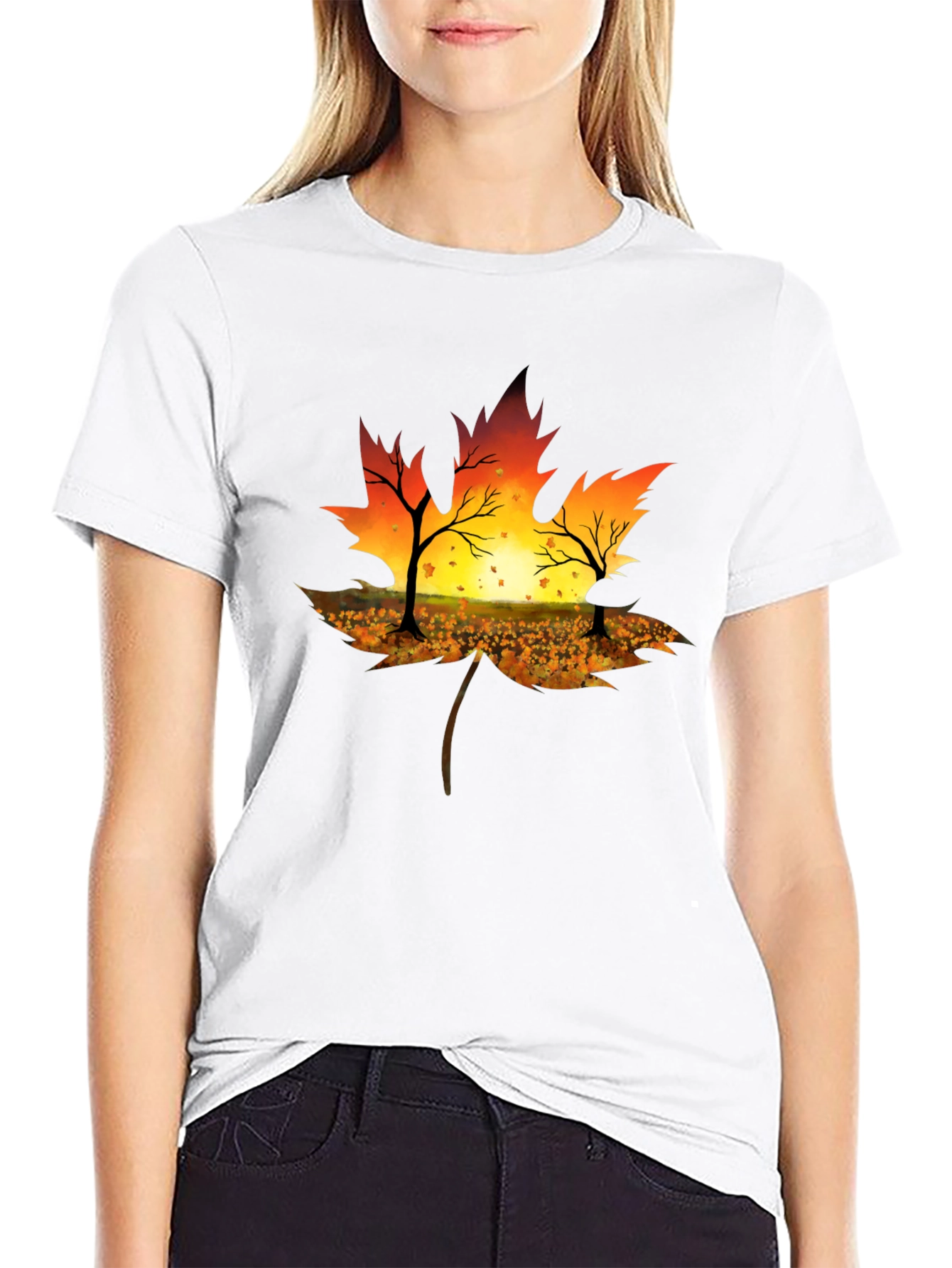 Autumn Leaf T-Shirt - Sunset Silhouette Design