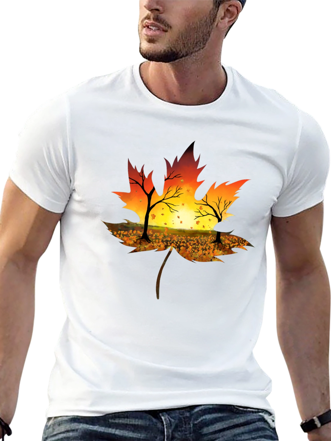 Autumn Leaf T-Shirt - Sunset Silhouette Design