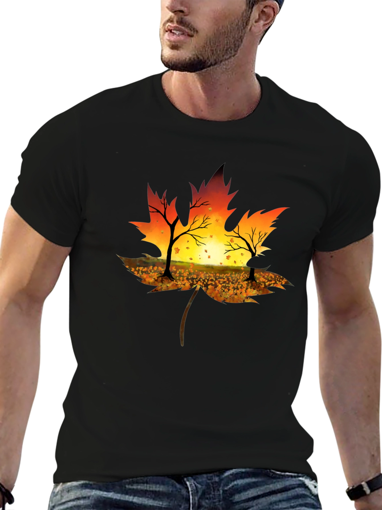 Autumn Leaf T-Shirt - Sunset Silhouette Design