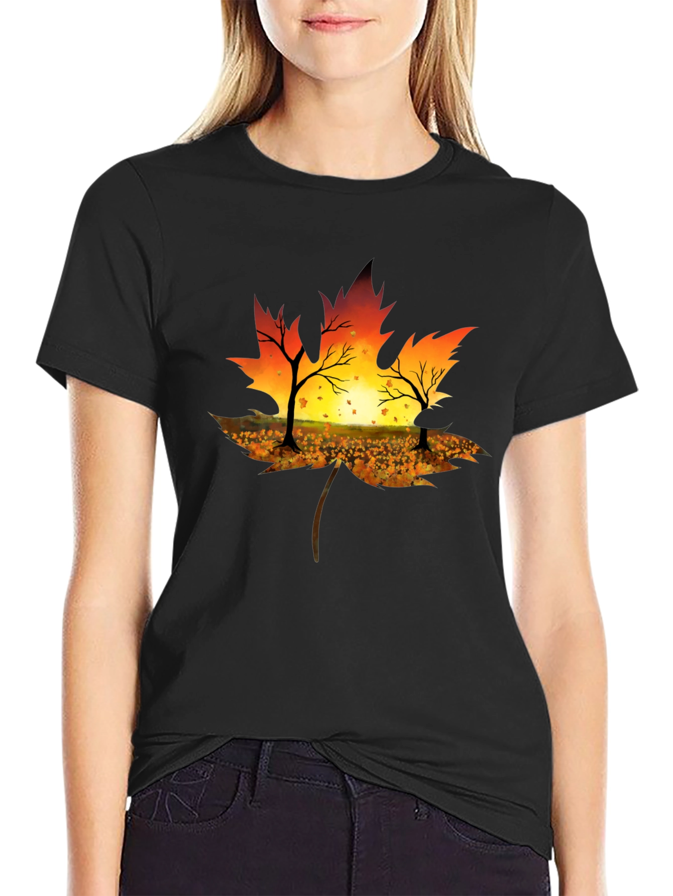 Autumn Leaf T-Shirt - Sunset Silhouette Design